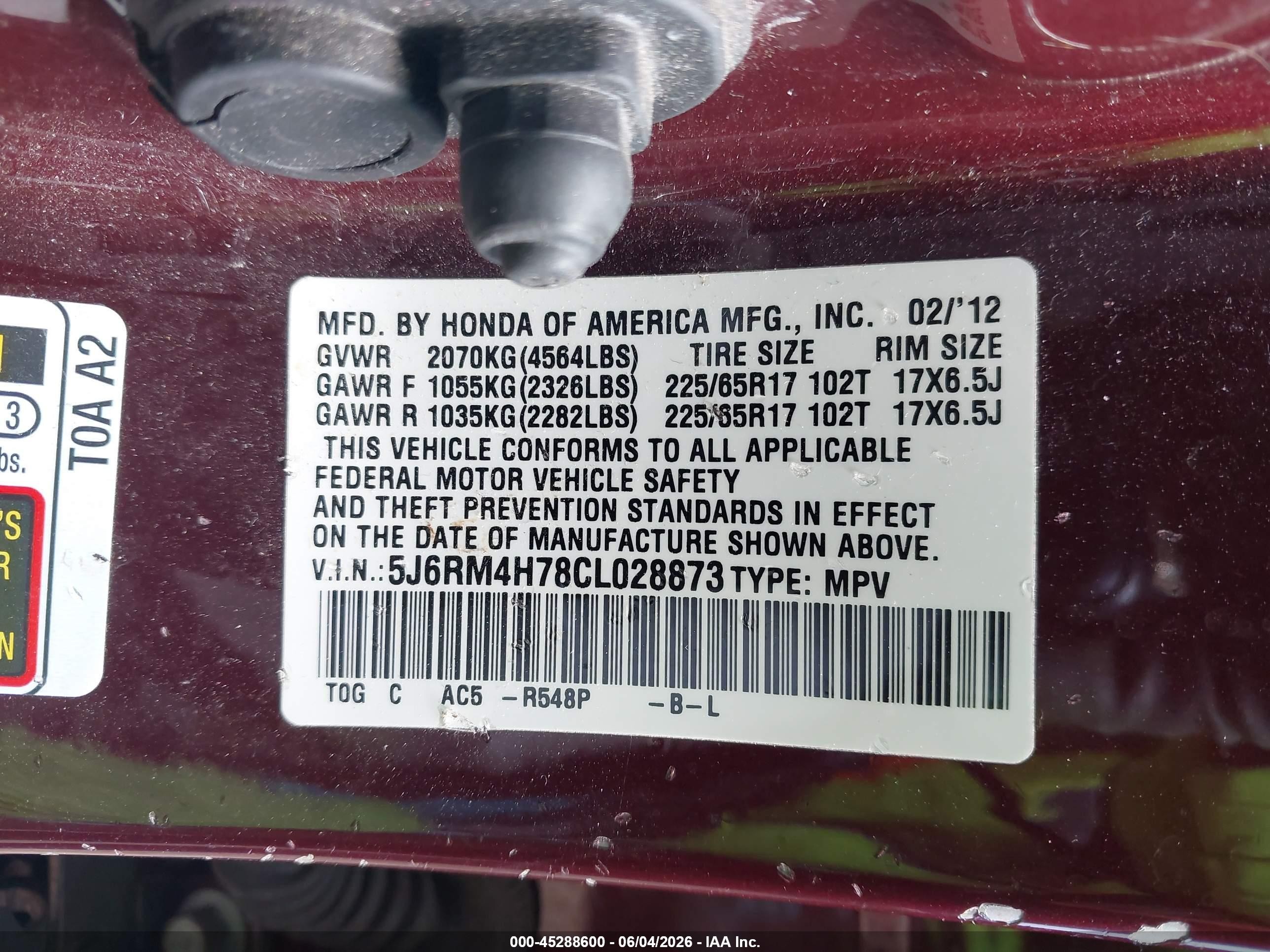 2012 Honda Cr-v Ex-l Burgundy vin: 5J6RM4H78CL028873