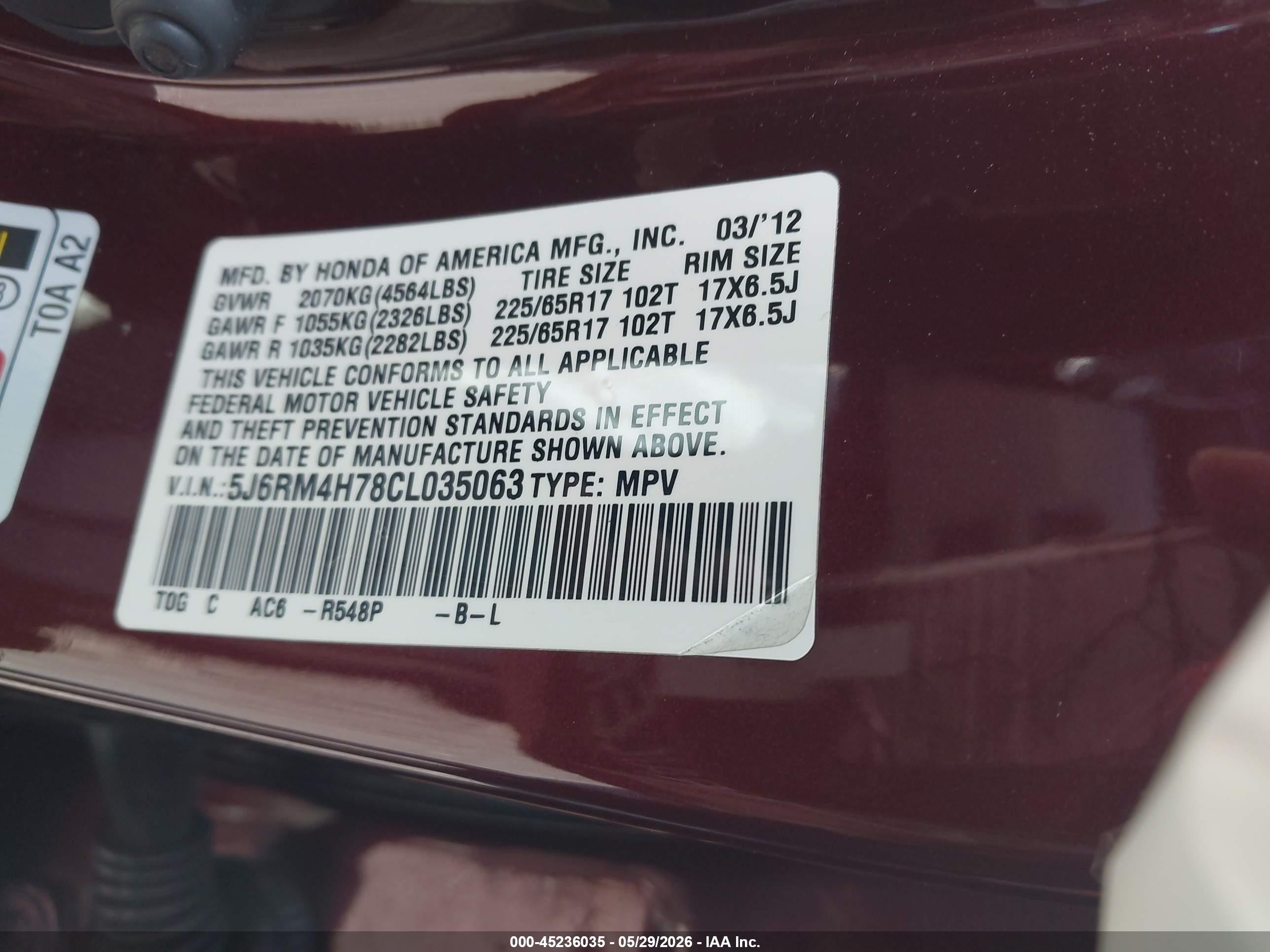 2012 Honda Cr-v Ex-l Maroon vin: 5J6RM4H78CL035063