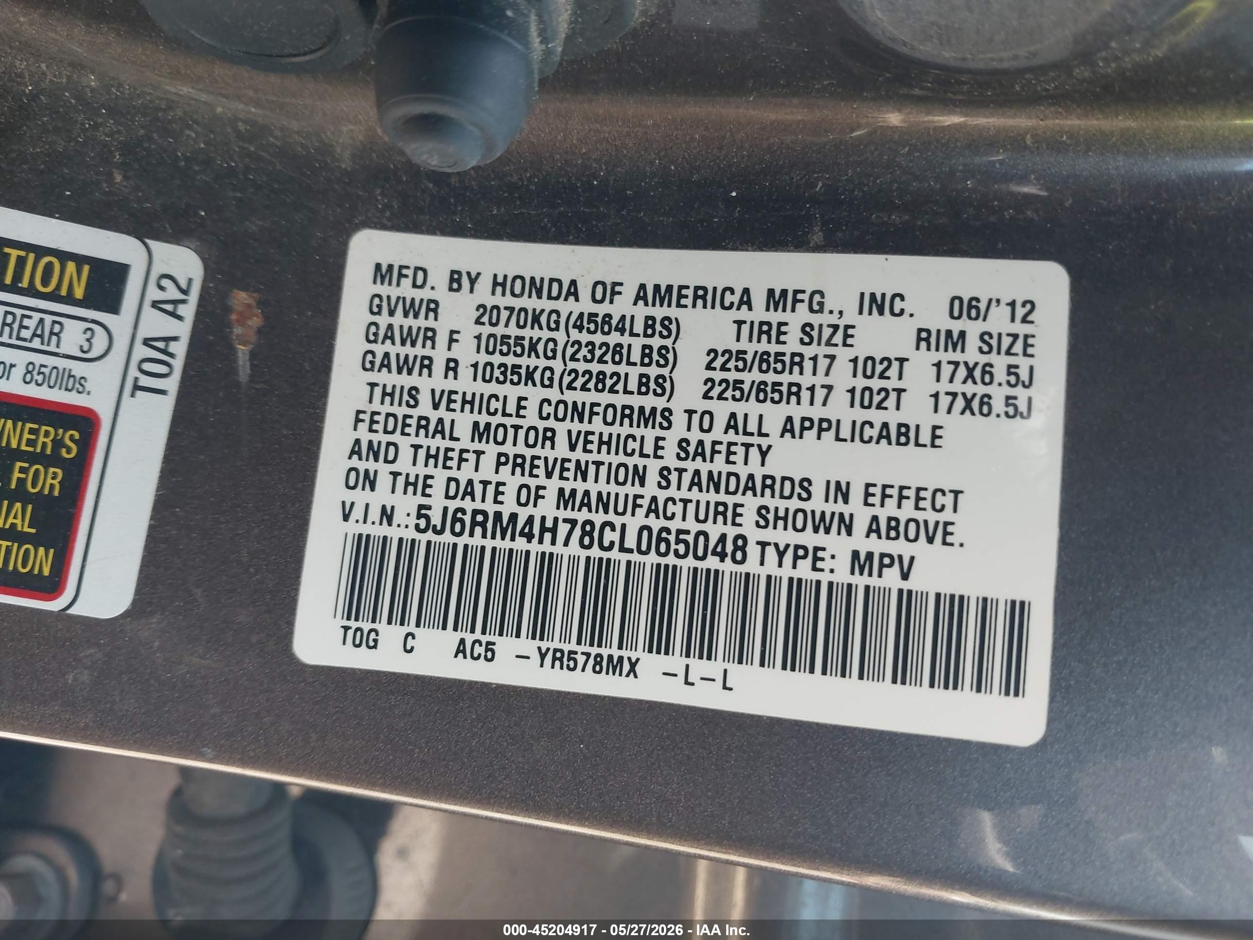 2012 Honda Cr-v Ex-l Серый vin: 5J6RM4H78CL065048