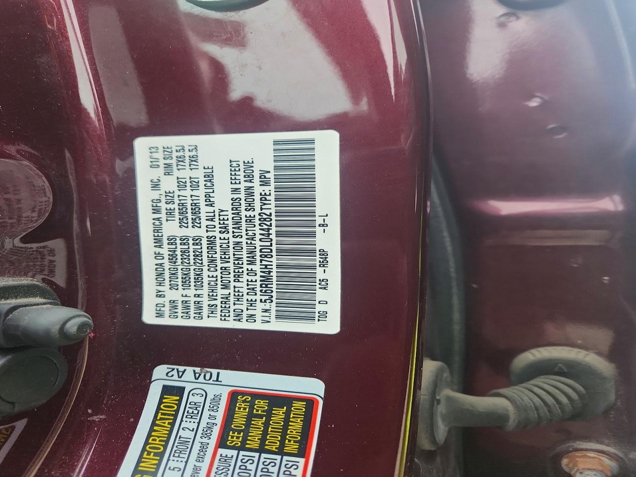 2013 Honda Cr-v Exl Burgundy vin: 5J6RM4H78DL044282
