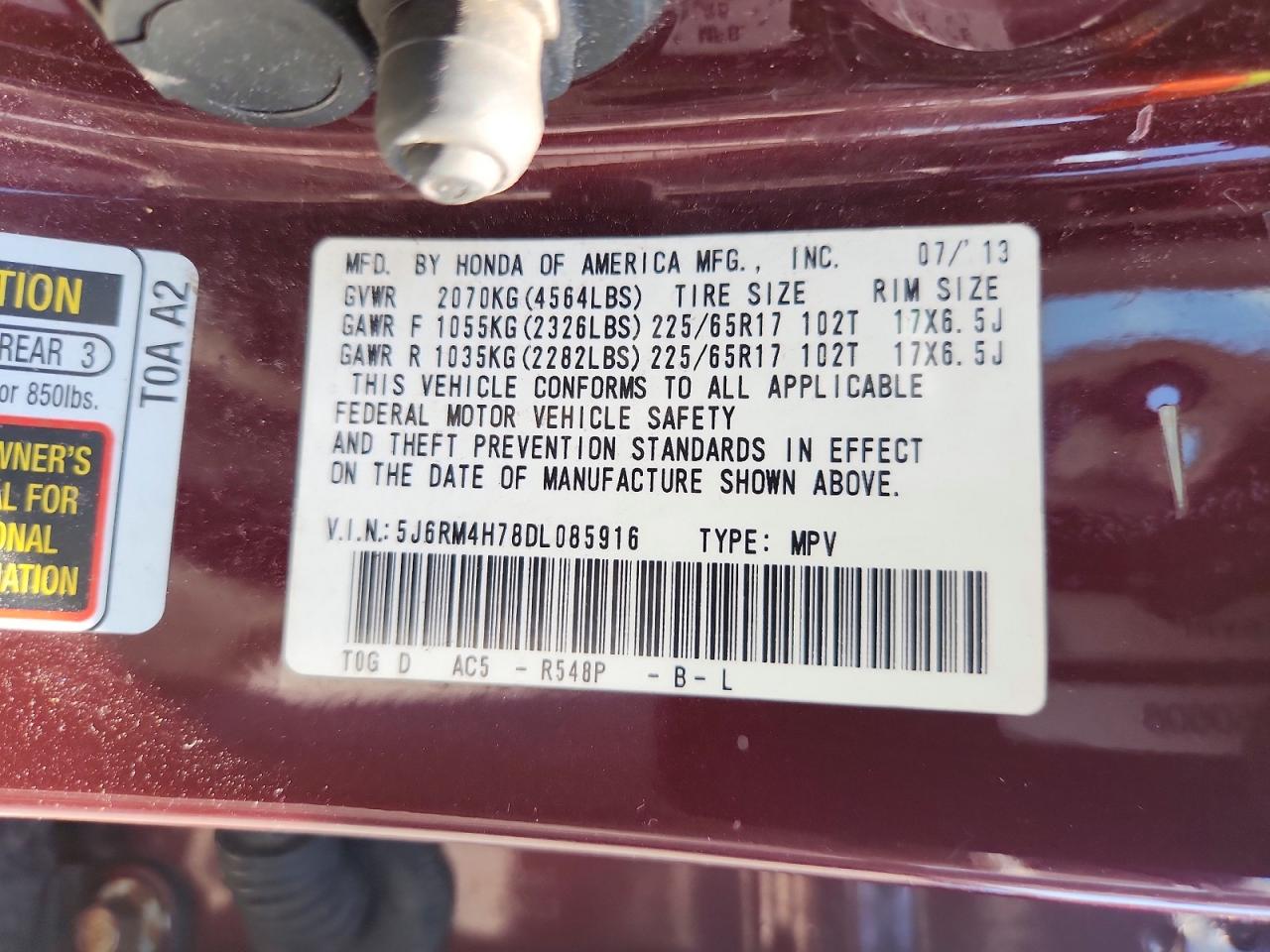 2013 Honda Cr-v Exl Red vin: 5J6RM4H78DL085916
