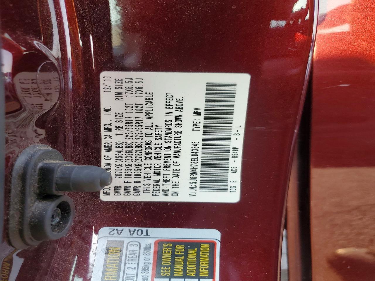 2014 Honda Cr-v Exl Maroon vin: 5J6RM4H78EL043845
