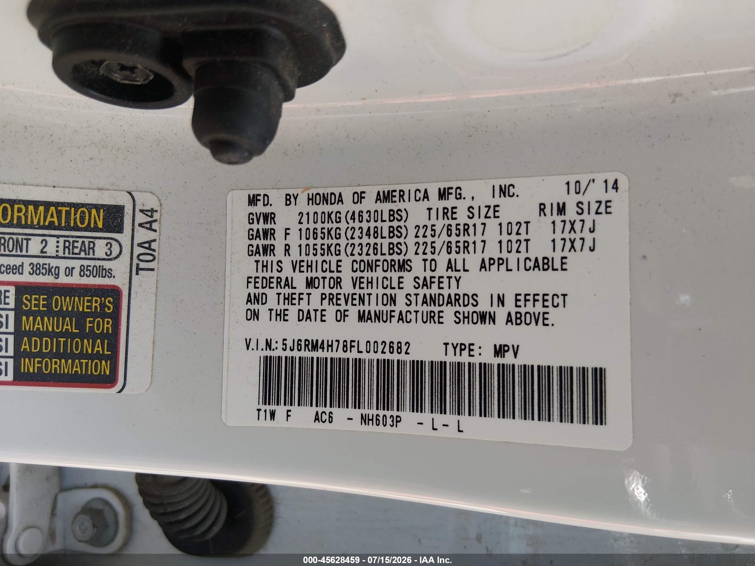 2015 Honda Cr-v Ex-l White vin: 5J6RM4H78FL002682