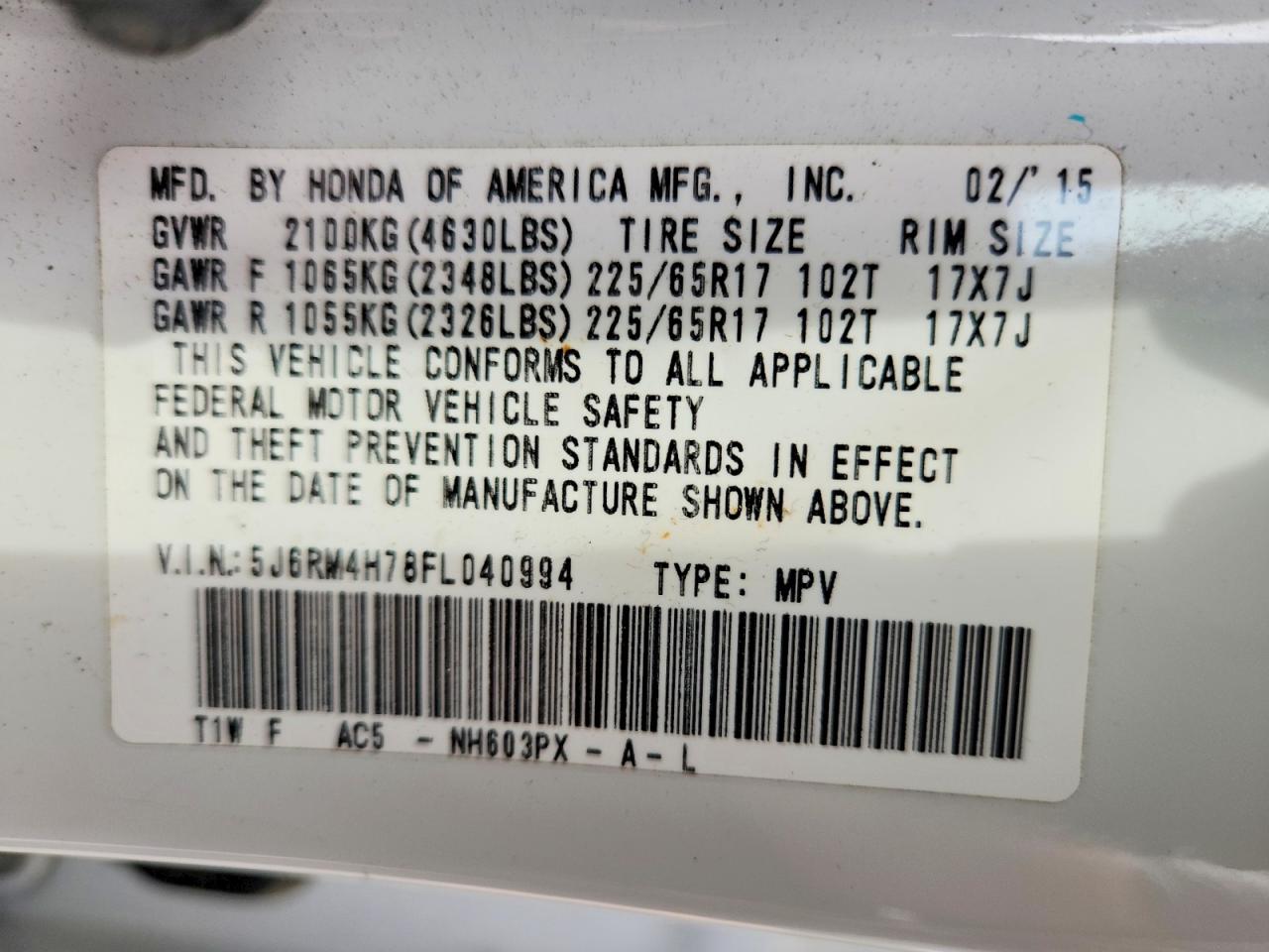 2015 Honda Cr-v Exl White vin: 5J6RM4H78FL040994