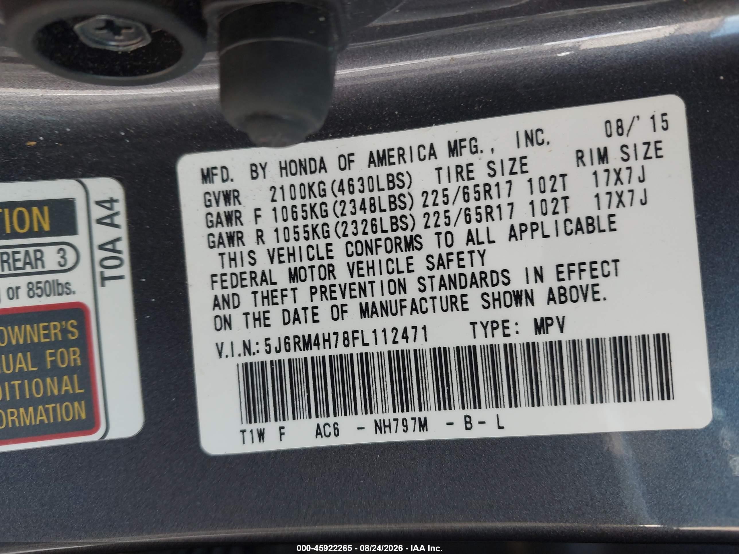 2015 Honda Cr-v Ex-l Серый vin: 5J6RM4H78FL112471