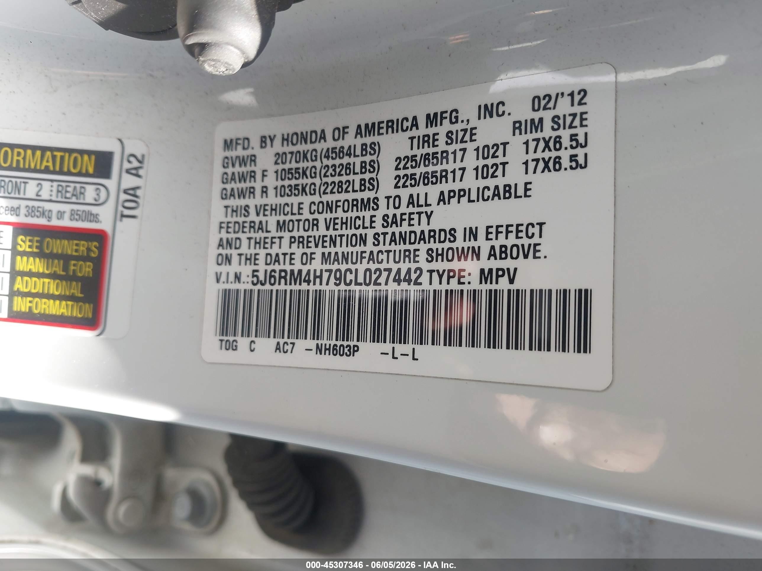 2012 Honda Cr-v Ex-l White vin: 5J6RM4H79CL027442