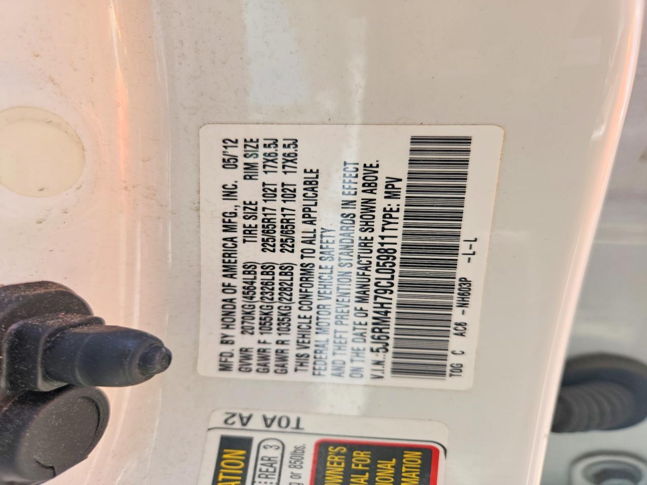 2012 Honda Cr-v Exl White vin: 5J6RM4H79CL059811
