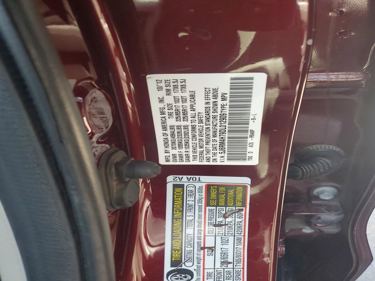 2013 Honda Cr-v Exl Maroon vin: 5J6RM4H79DL012909