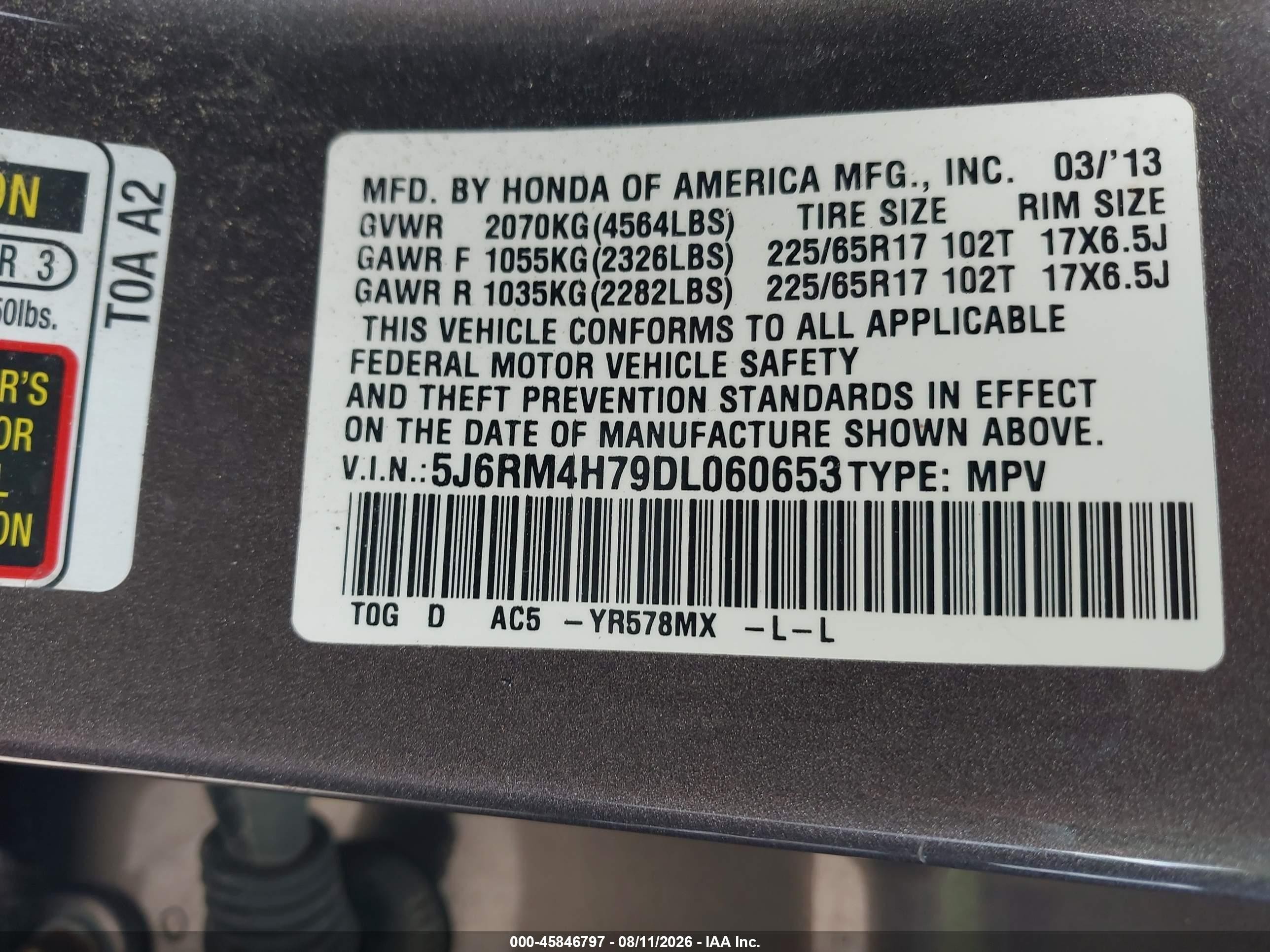 2013 Honda Cr-v Ex-l Серый vin: 5J6RM4H79DL060653