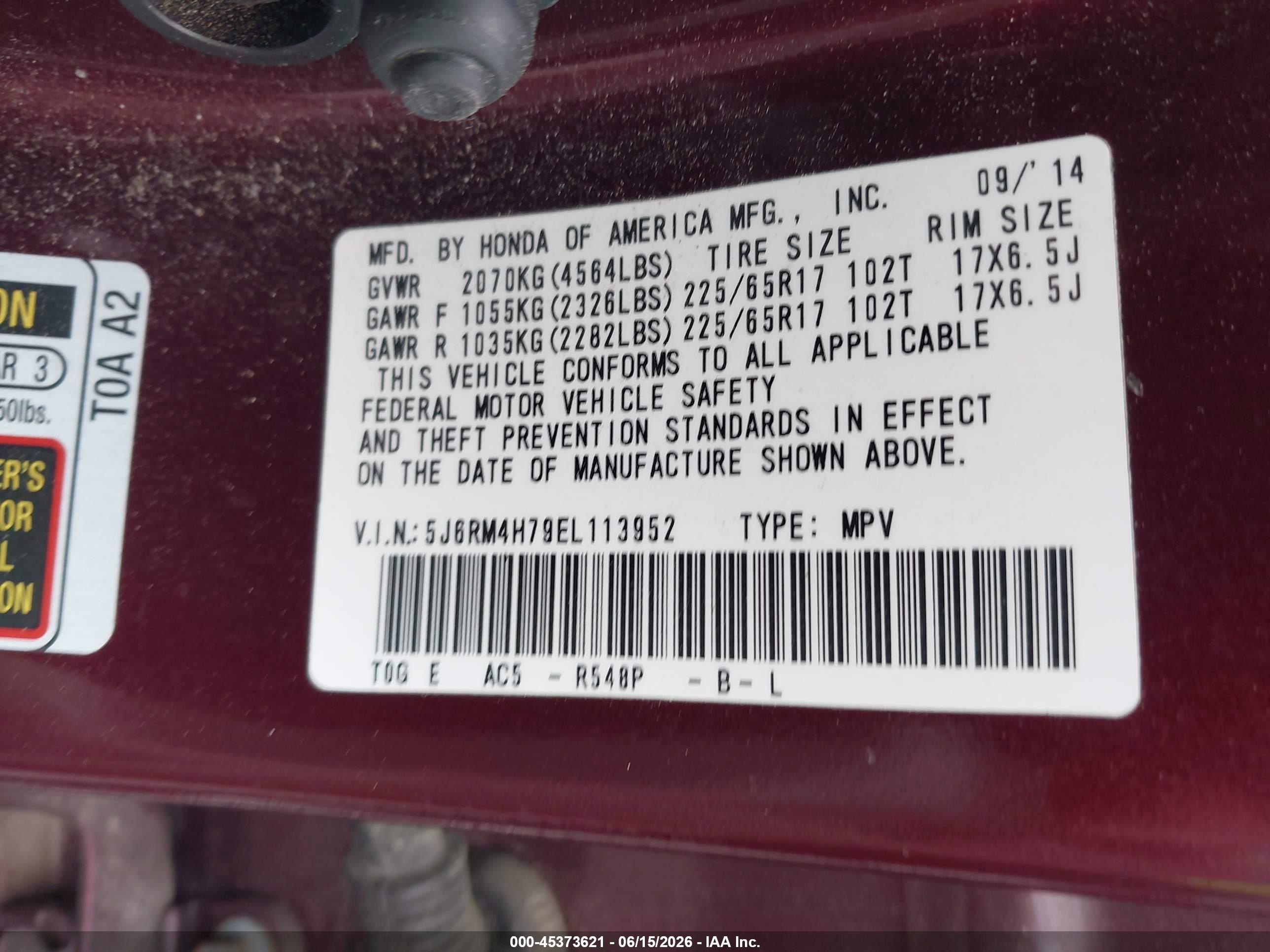 2014 Honda Cr-v Ex-l Темно-бордовый vin: 5J6RM4H79EL113952