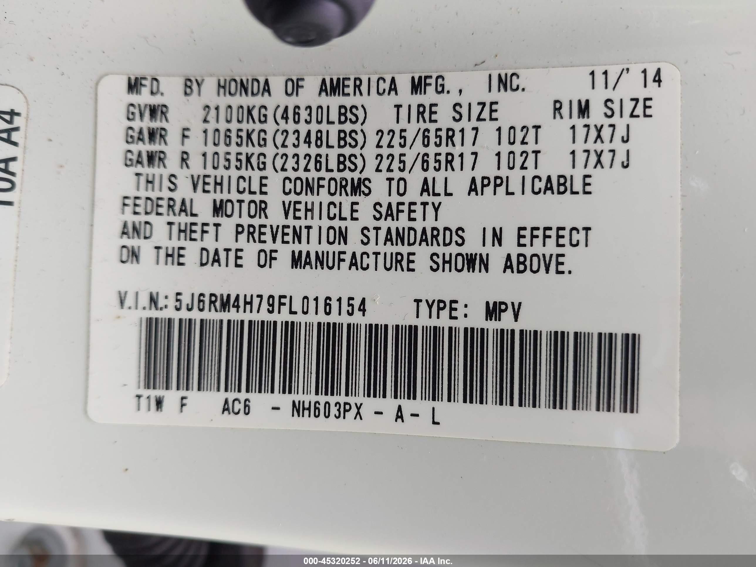 2015 Honda Cr-v Ex-l White vin: 5J6RM4H79FL016154