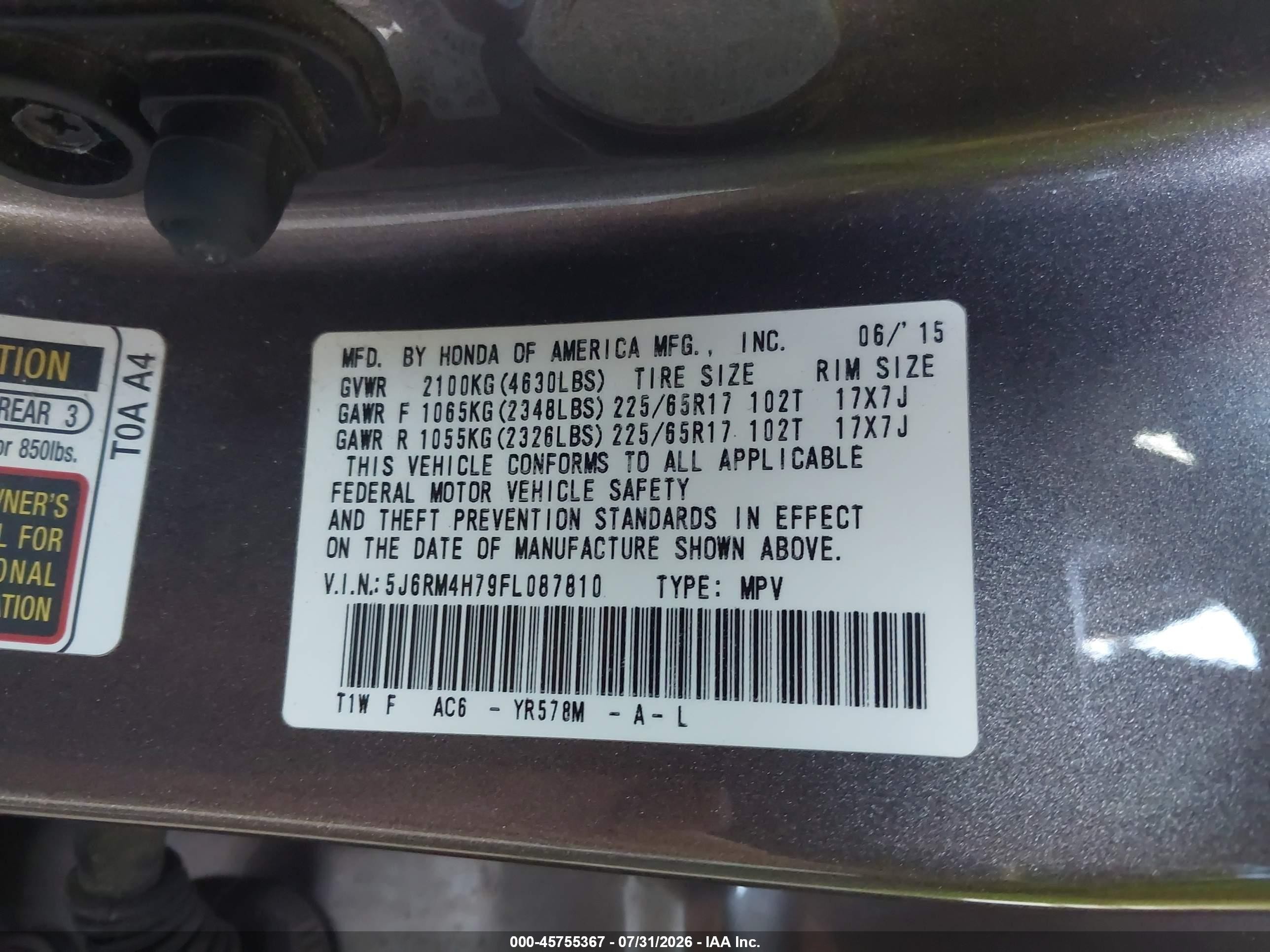 2015 Honda Cr-v Ex-l Gray vin: 5J6RM4H79FL087810