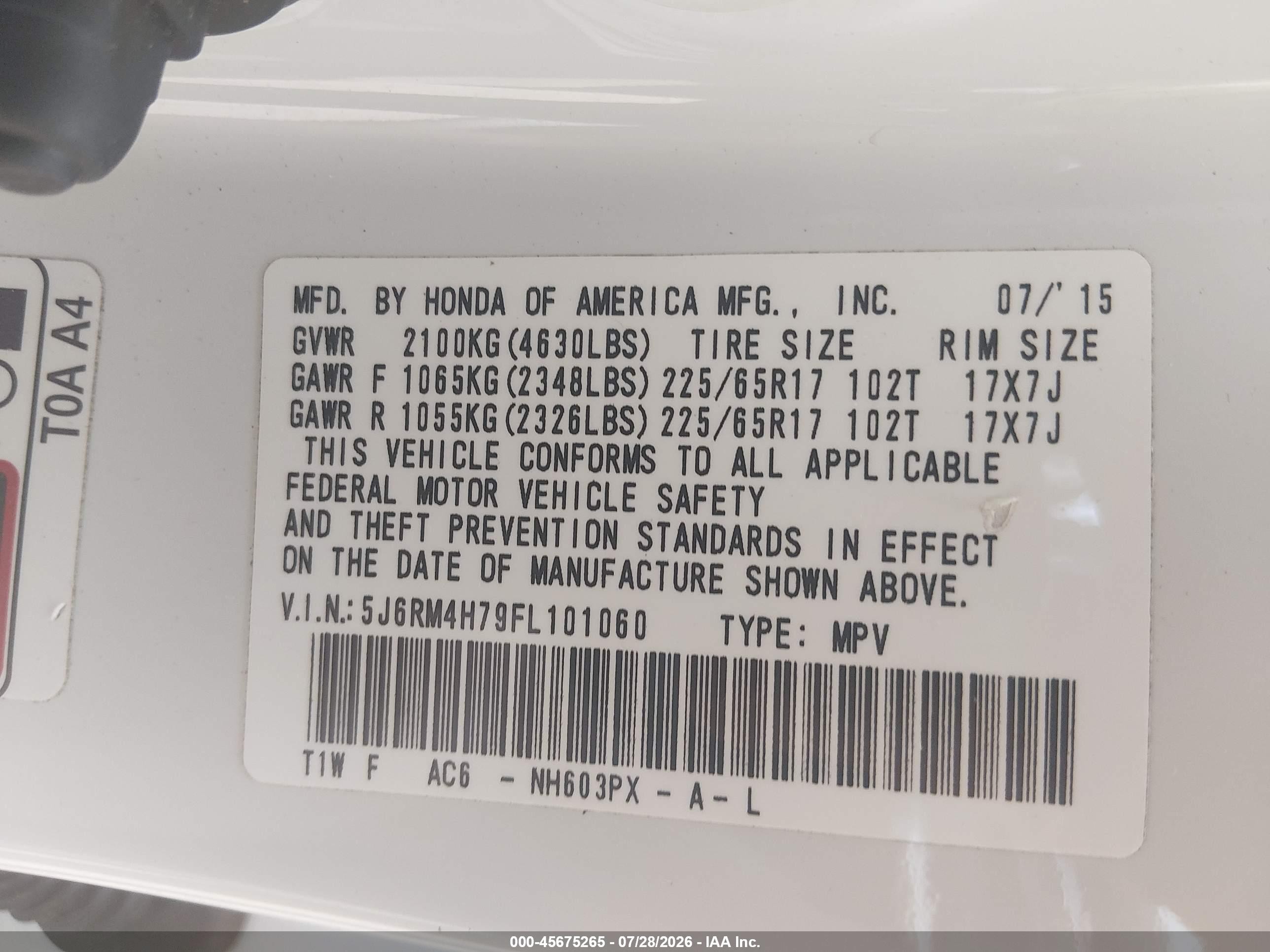 2015 Honda Cr-v Ex-l White vin: 5J6RM4H79FL101060