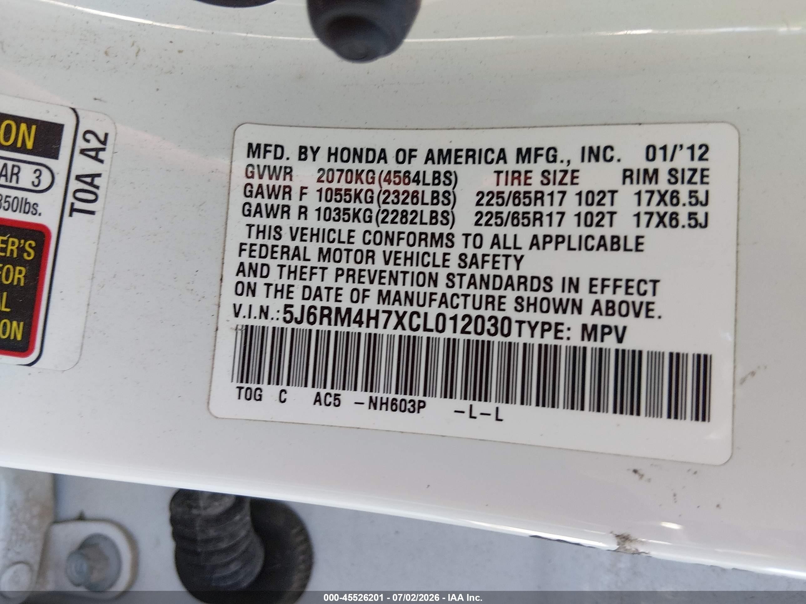 2012 Honda Cr-v Ex-l White vin: 5J6RM4H7XCL012030
