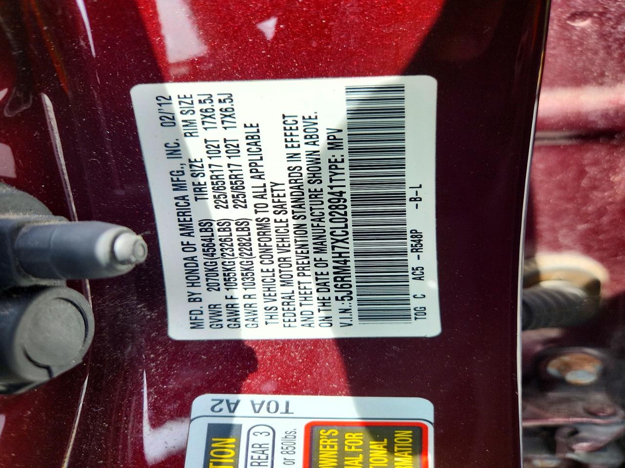 2012 Honda Cr-v Exl Burgundy vin: 5J6RM4H7XCL028941