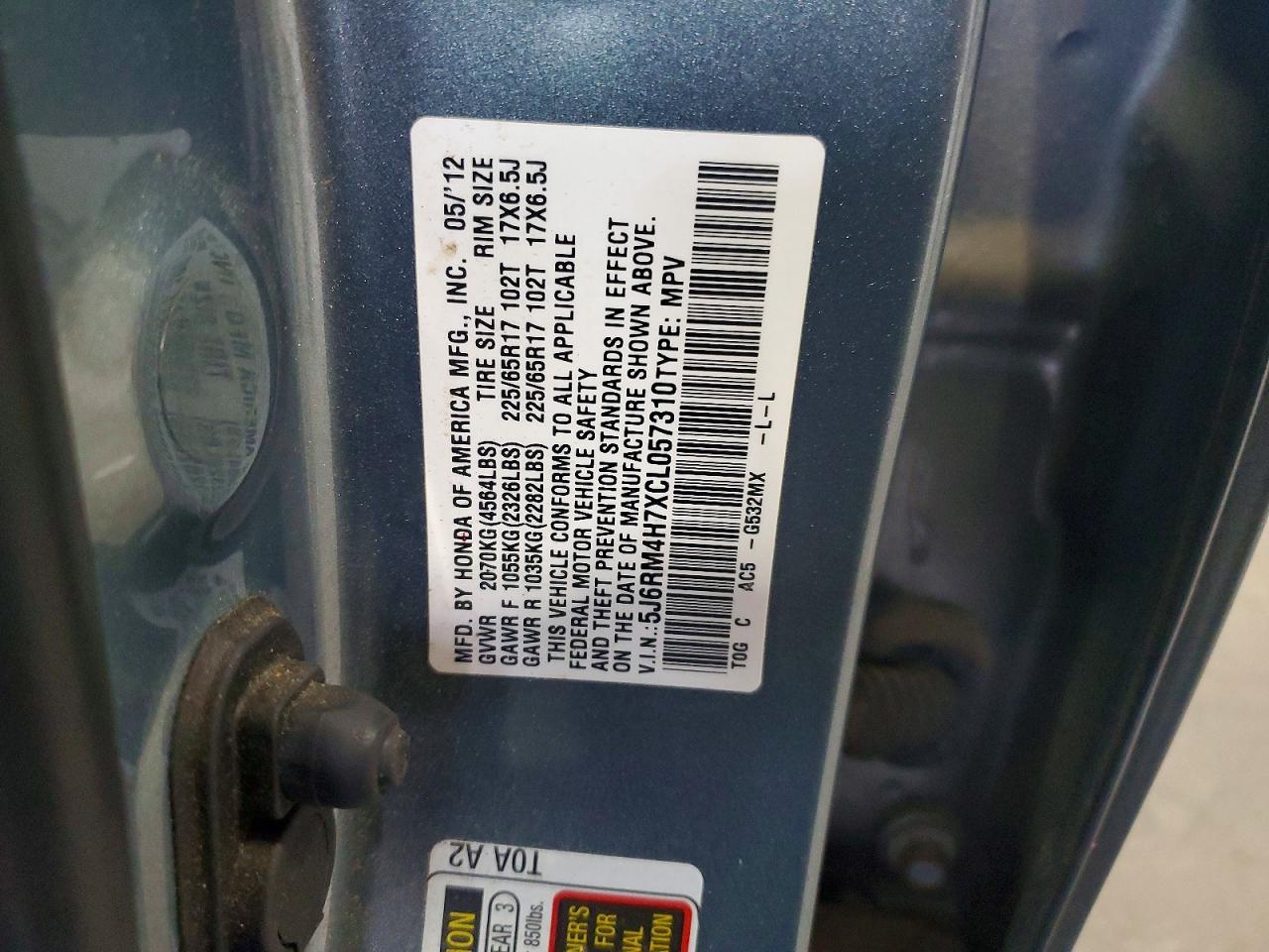2012 Honda Cr-v Exl Teal vin: 5J6RM4H7XCL057310