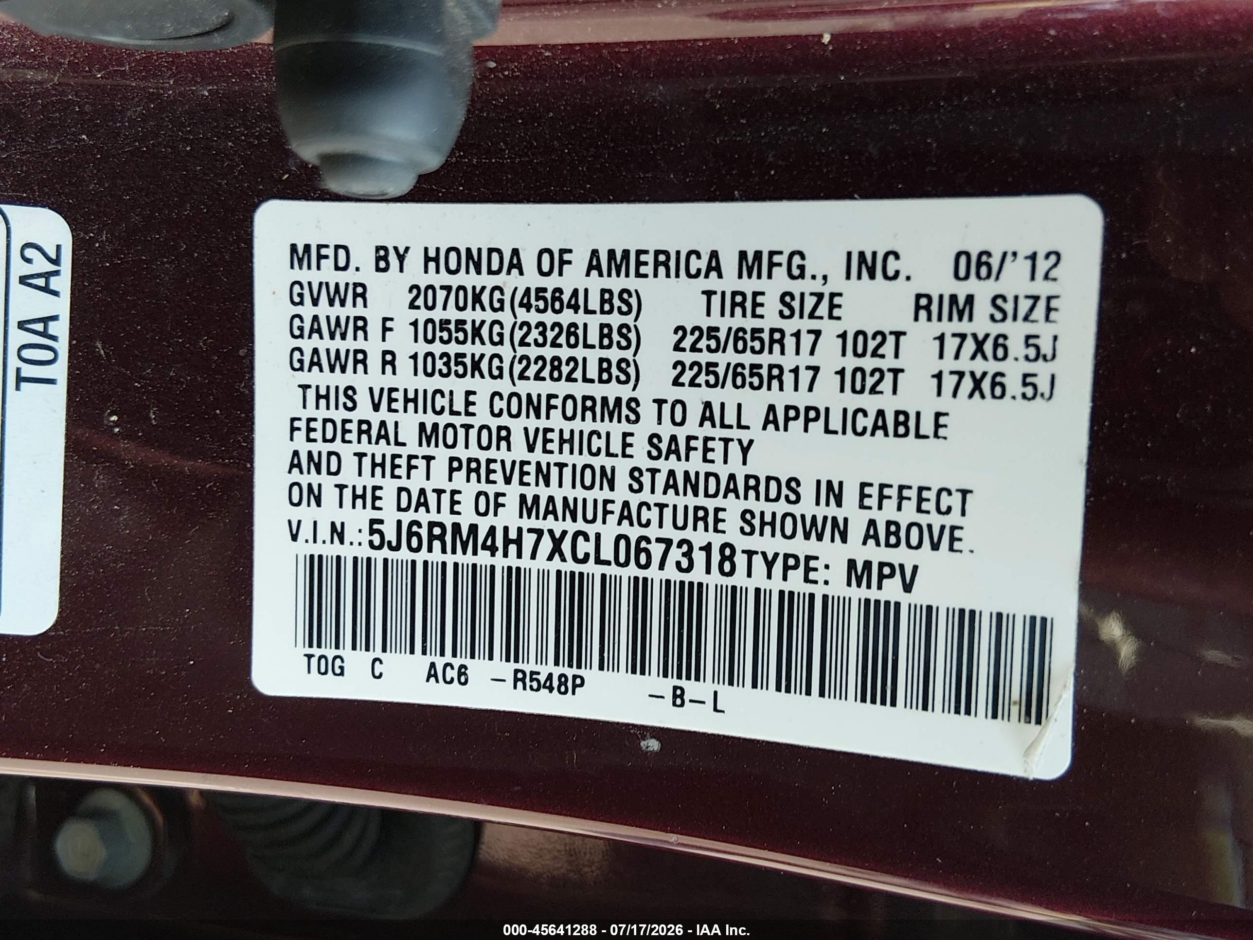 2012 Honda Cr-v Ex-l Burgundy vin: 5J6RM4H7XCL067318