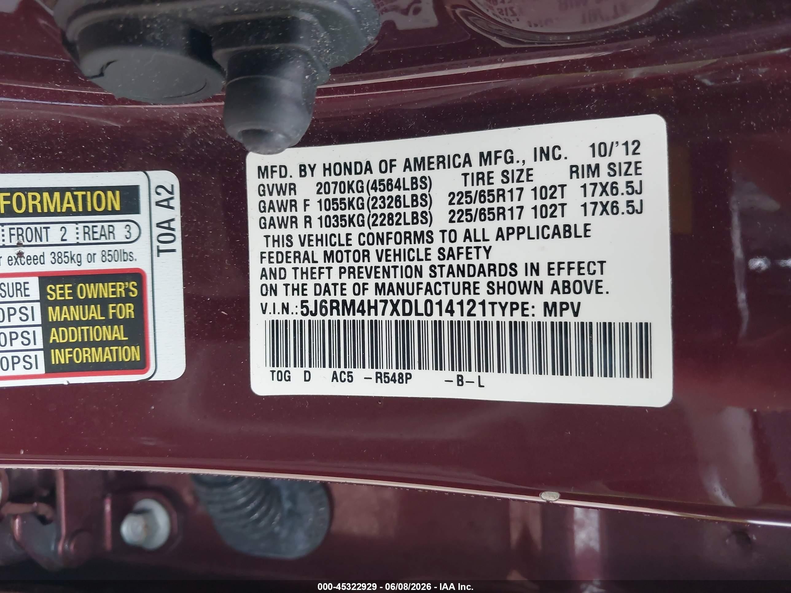 2013 Honda Cr-v Ex-l Maroon vin: 5J6RM4H7XDL014121