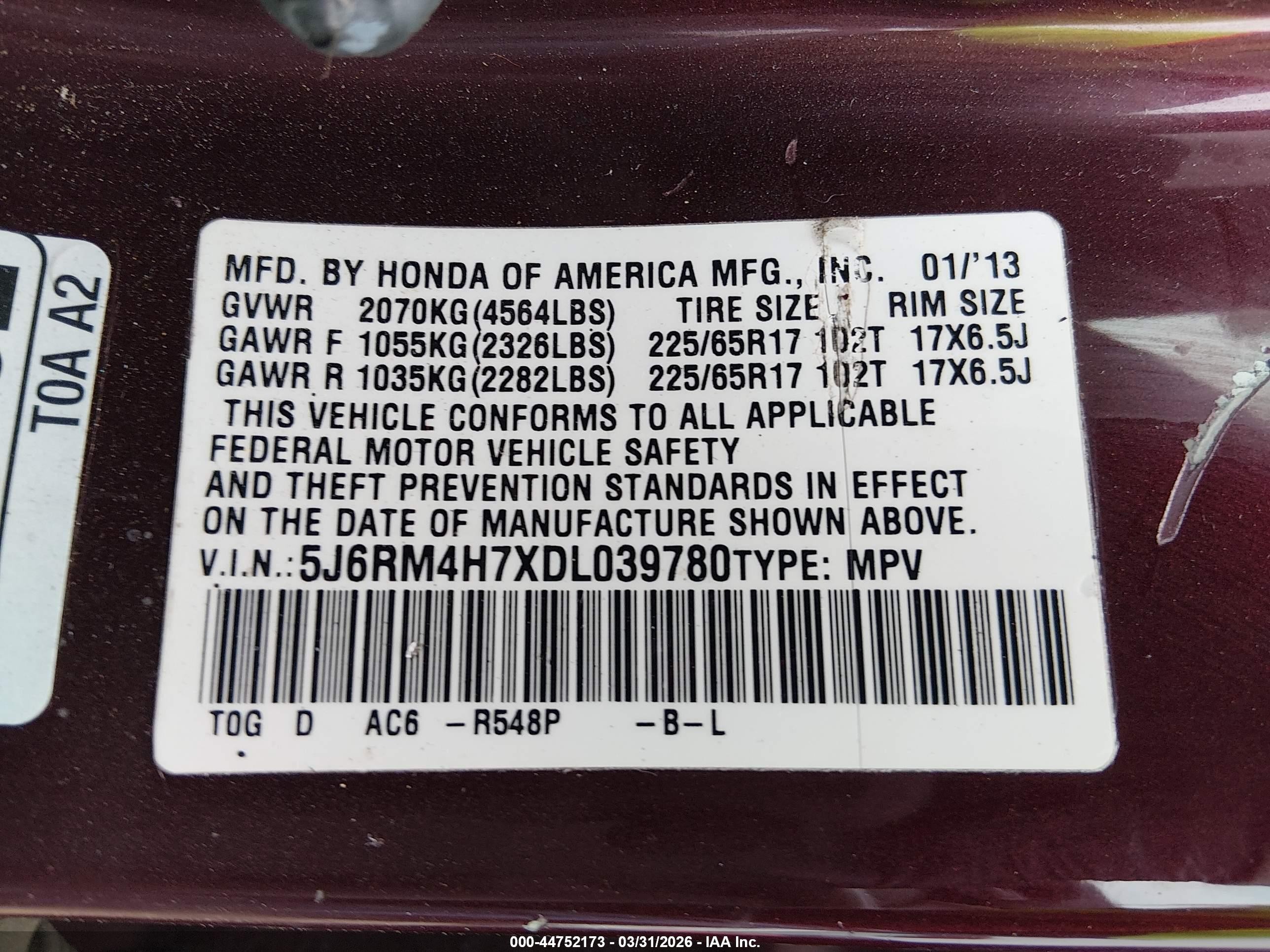 2013 Honda Cr-v Ex-l Burgundy vin: 5J6RM4H7XDL039780