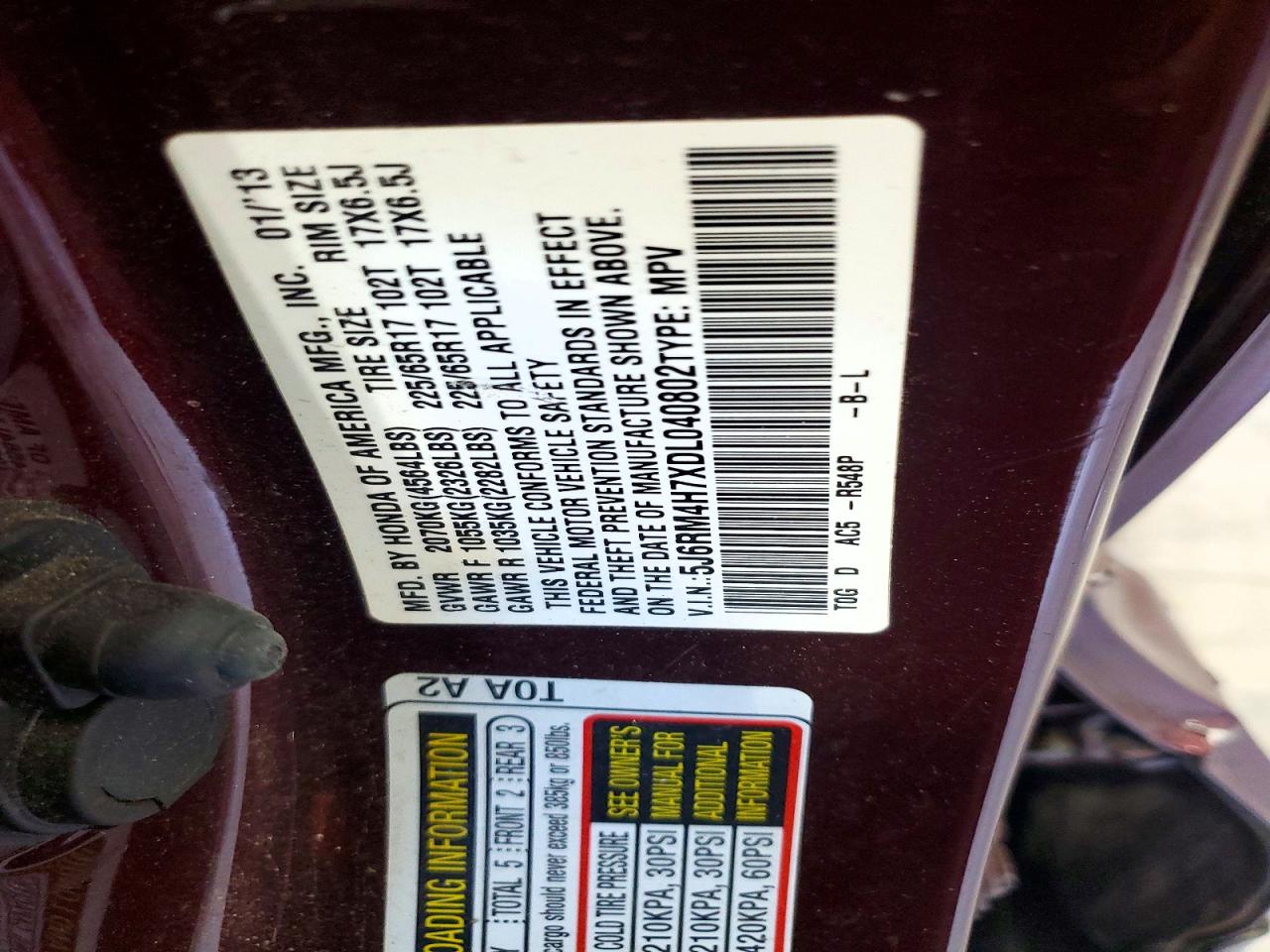 2013 Honda Cr-v Exl Burgundy vin: 5J6RM4H7XDL040802