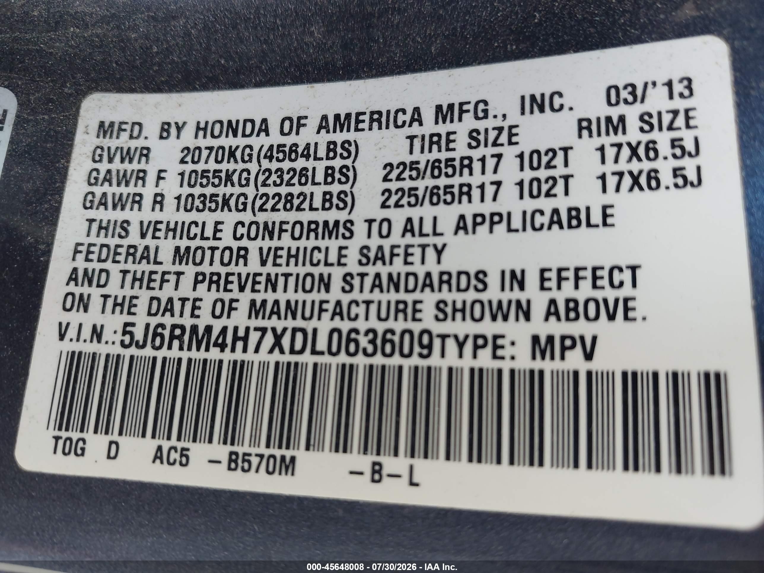 2013 Honda Cr-v Ex-l Blue vin: 5J6RM4H7XDL063609