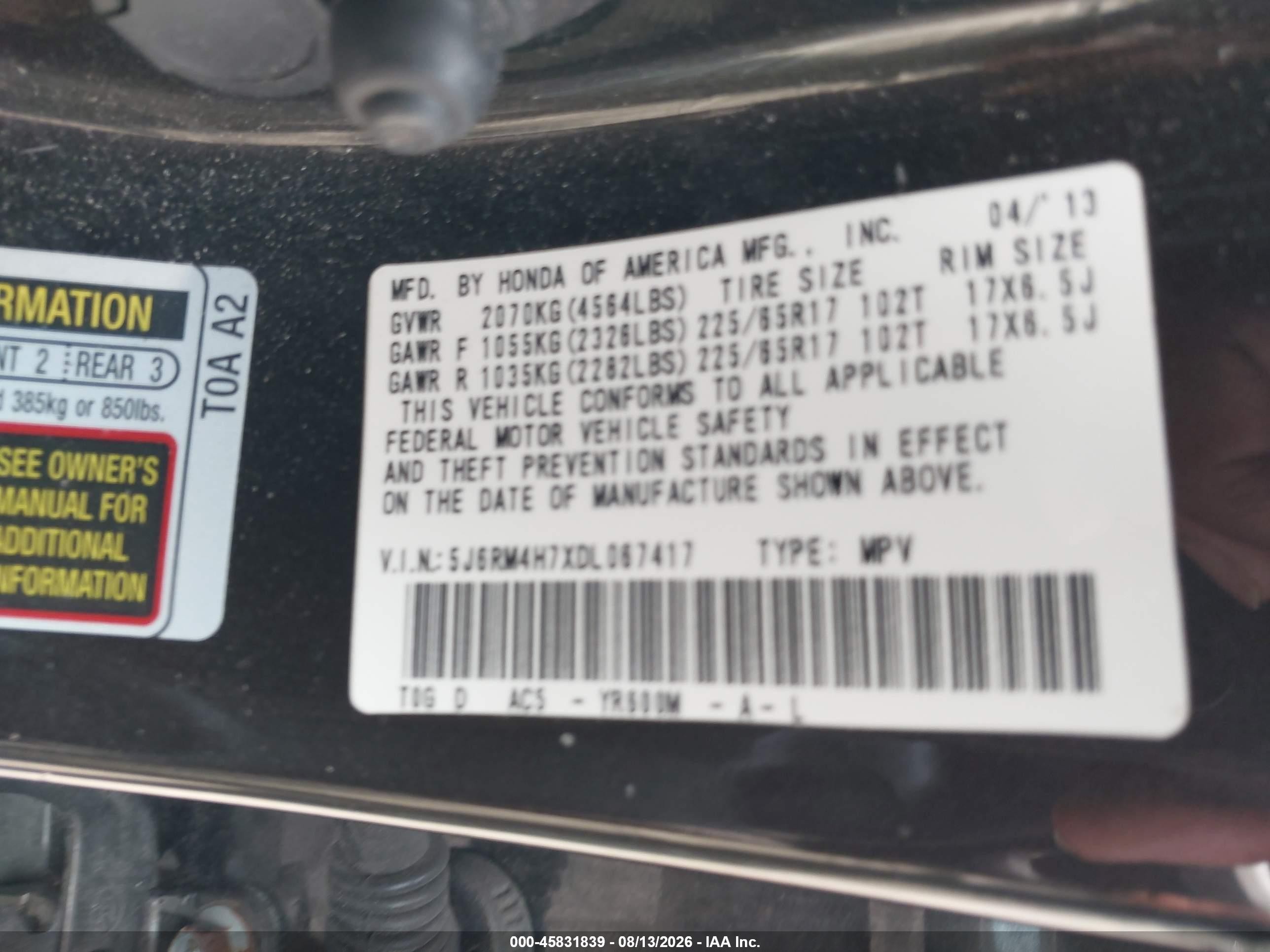 2013 Honda Cr-v Ex-l Черный vin: 5J6RM4H7XDL067417