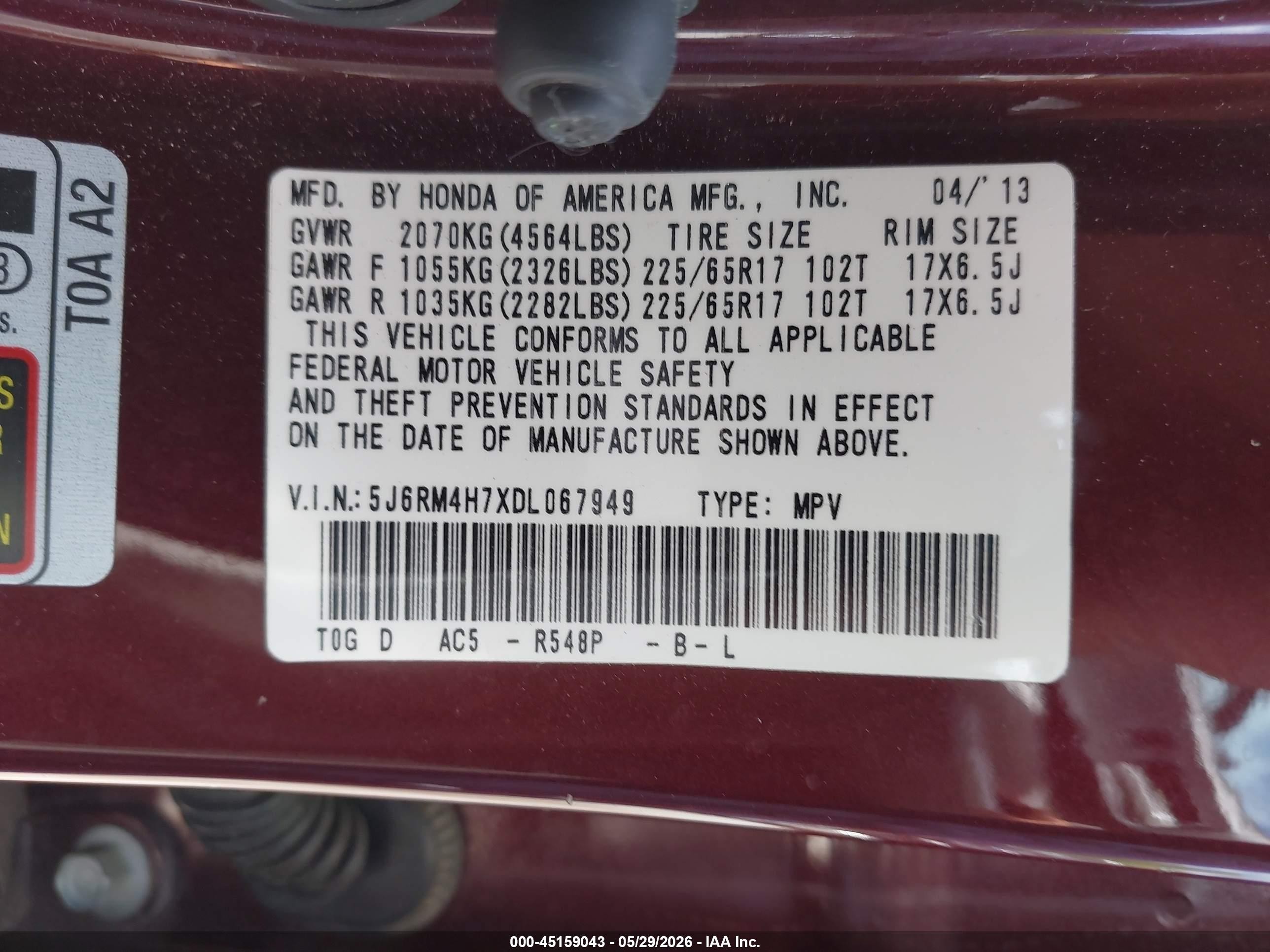 2013 Honda Cr-v Ex-l Maroon vin: 5J6RM4H7XDL067949
