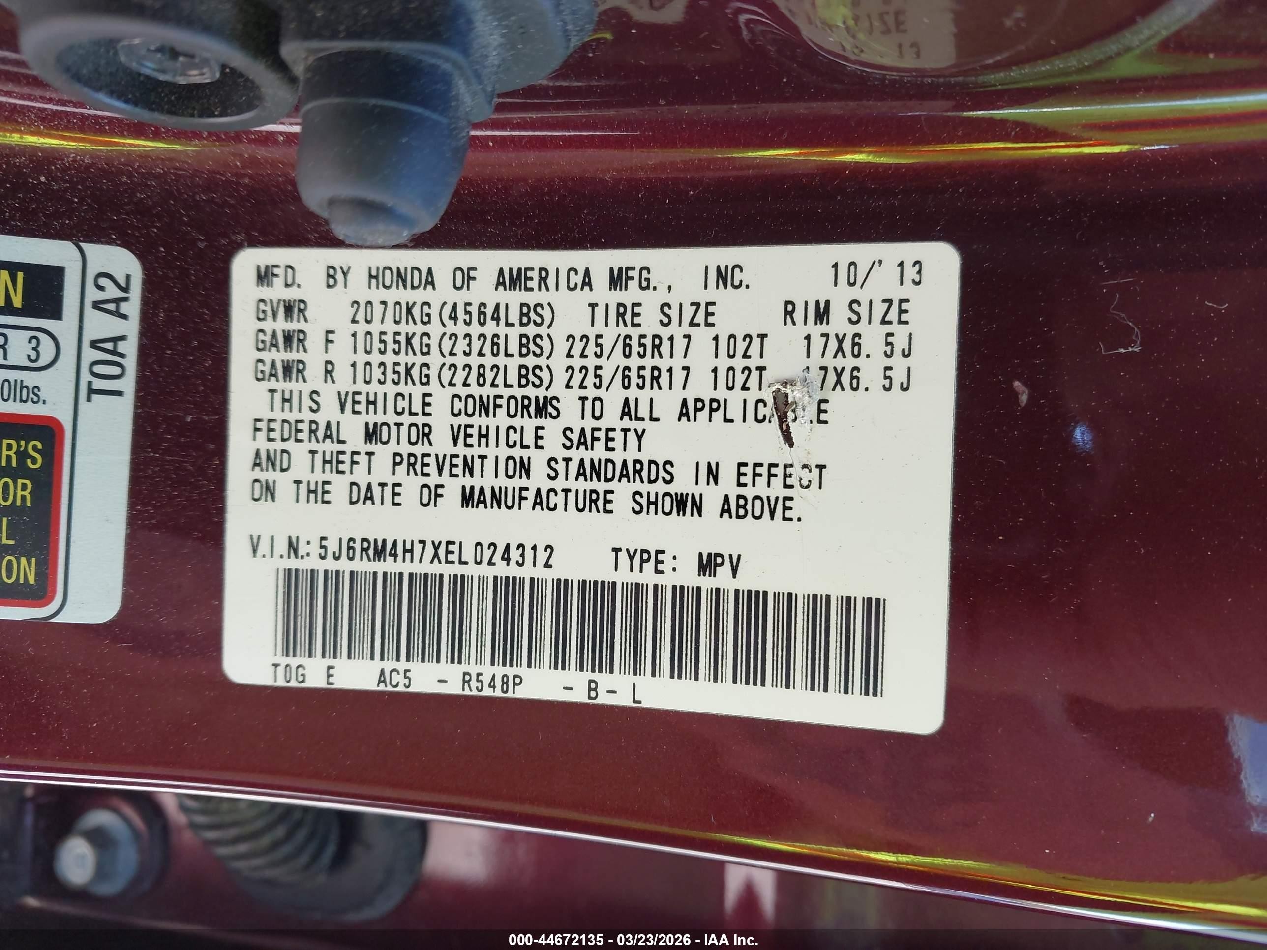 2014 Honda Cr-v Ex-l Burgundy vin: 5J6RM4H7XEL024312