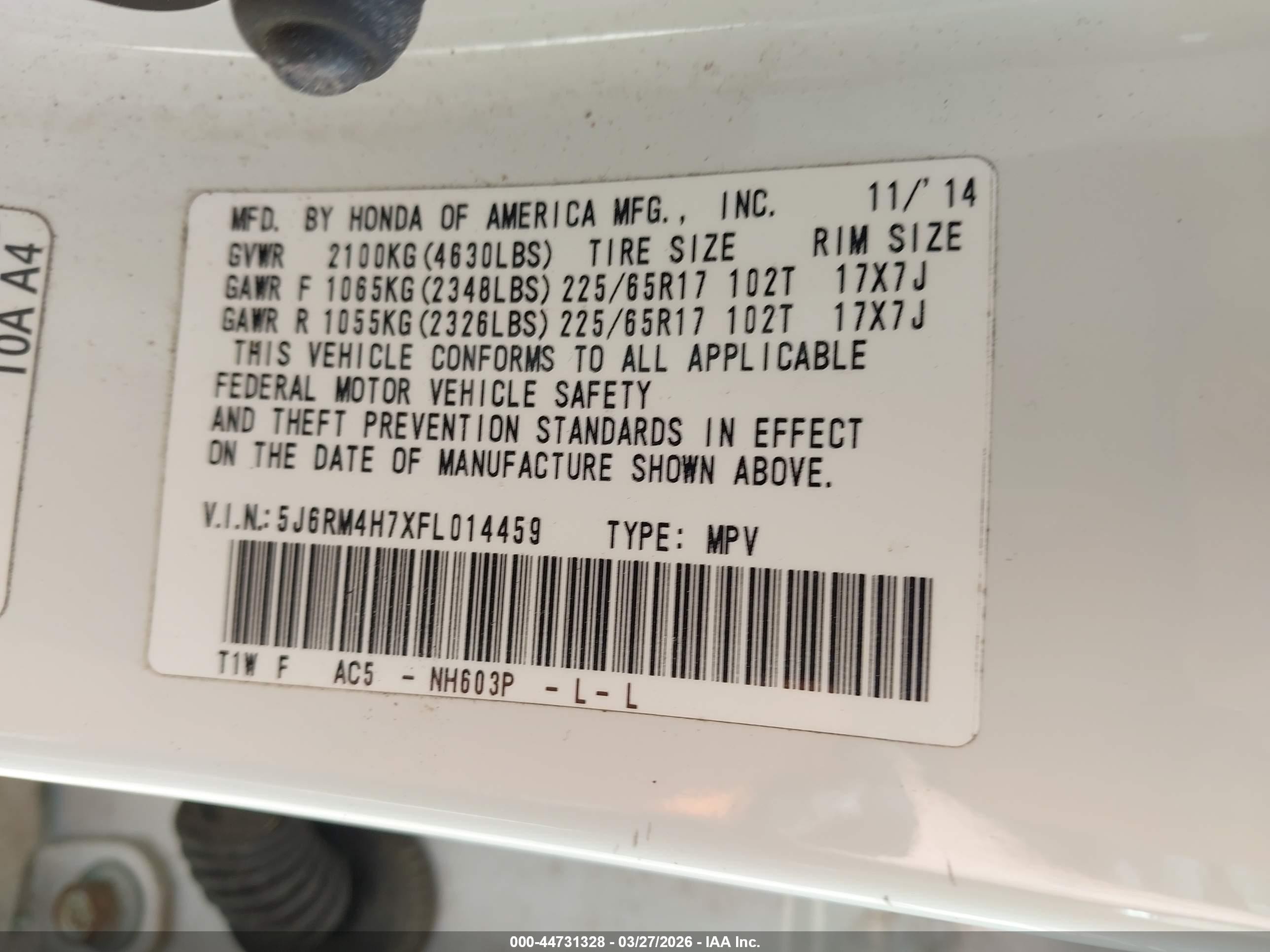 2015 Honda Cr-v Ex-l White vin: 5J6RM4H7XFL014459
