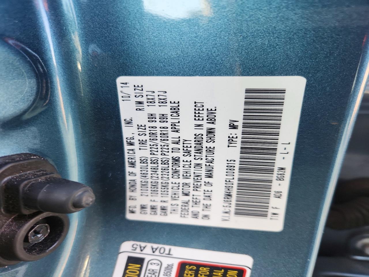 2015 Honda Cr-v Touring Blue vin: 5J6RM4H90FL008915