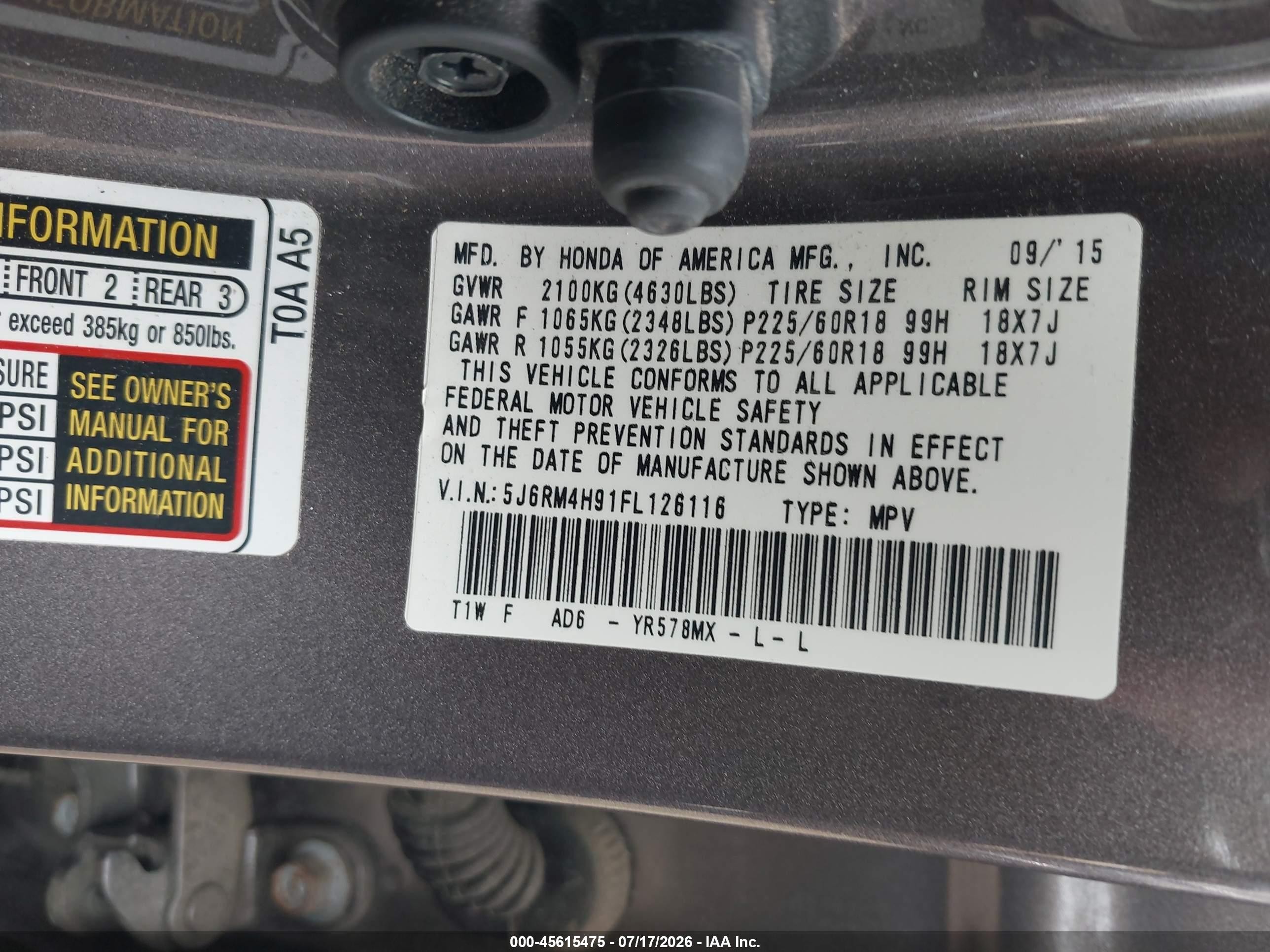 2015 Honda Cr-v Touring Серый vin: 5J6RM4H91FL126116