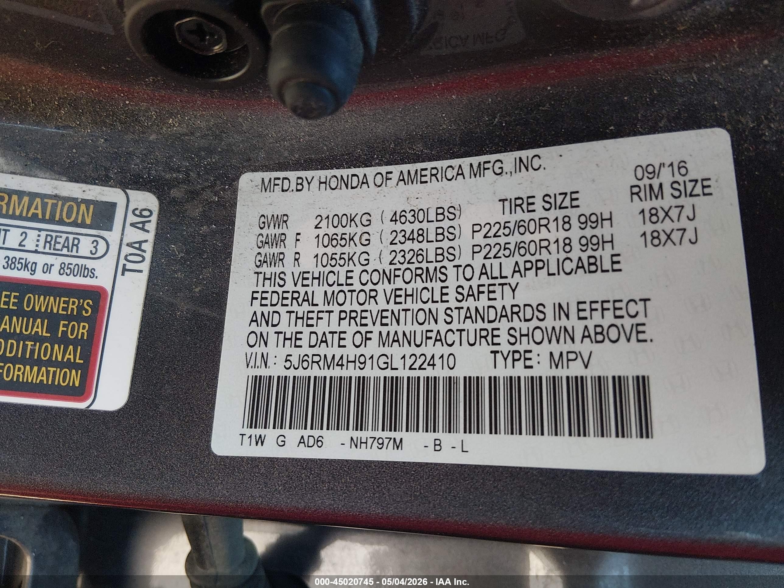 2016 Honda Cr-v Touring Серый vin: 5J6RM4H91GL122410