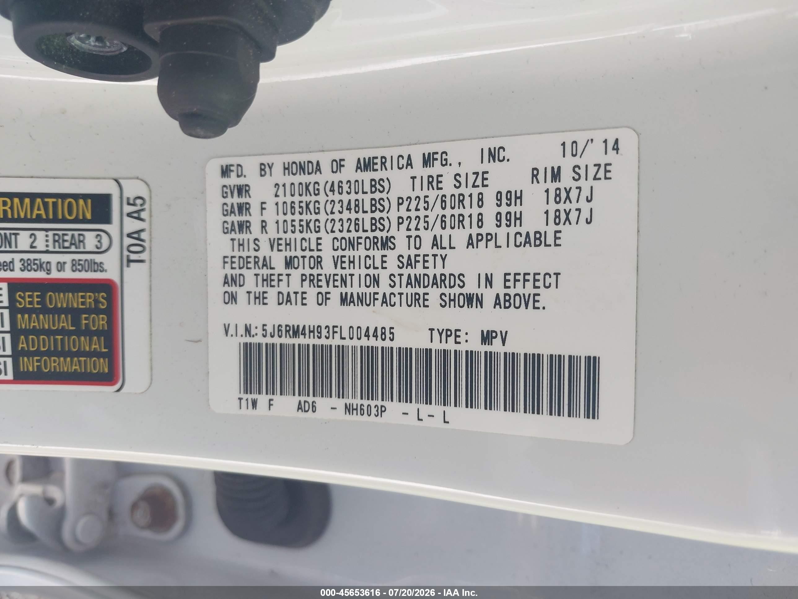 2015 Honda Cr-v Touring White vin: 5J6RM4H93FL004485