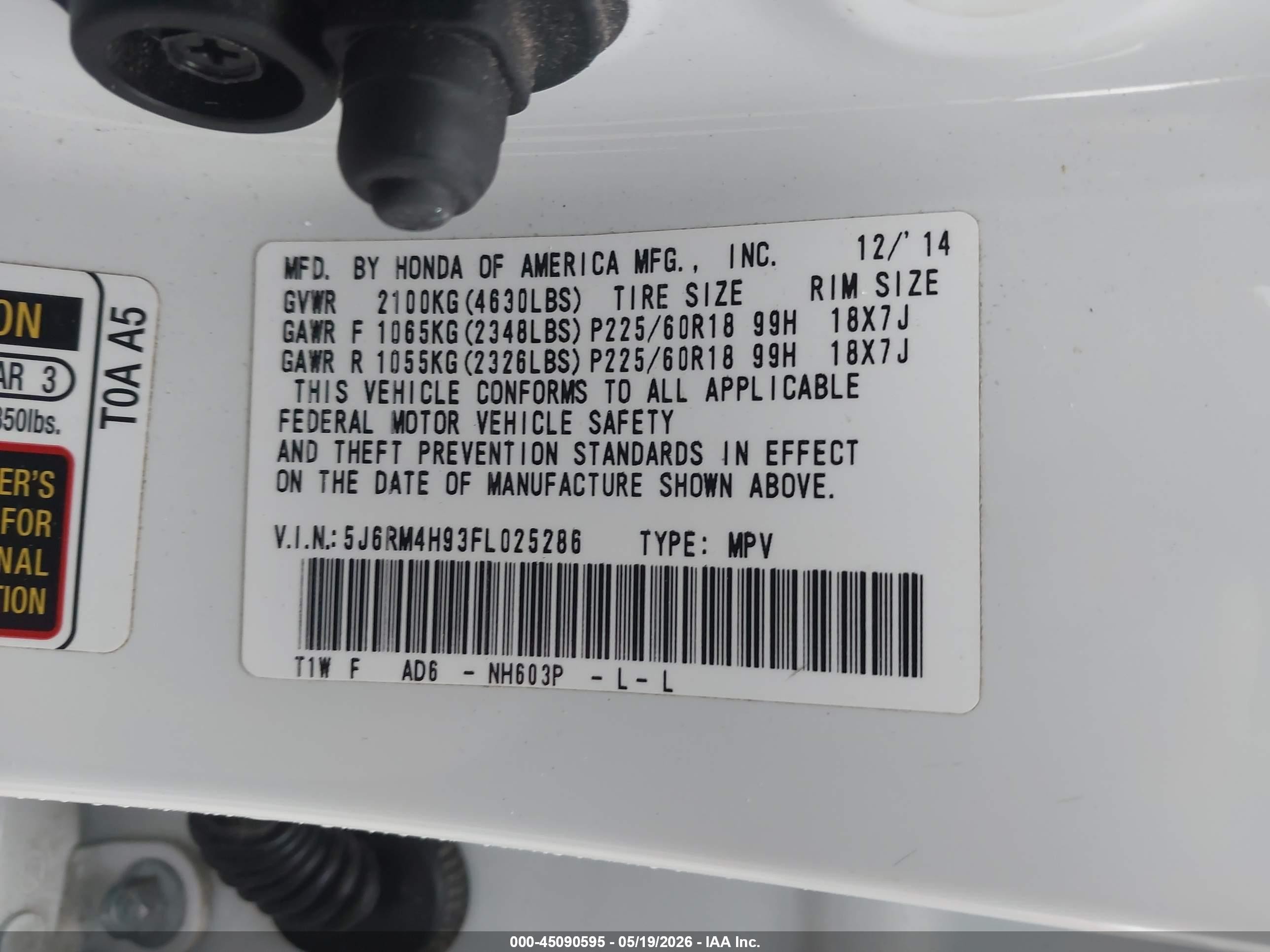 2015 Honda Cr-v Touring White vin: 5J6RM4H93FL025286