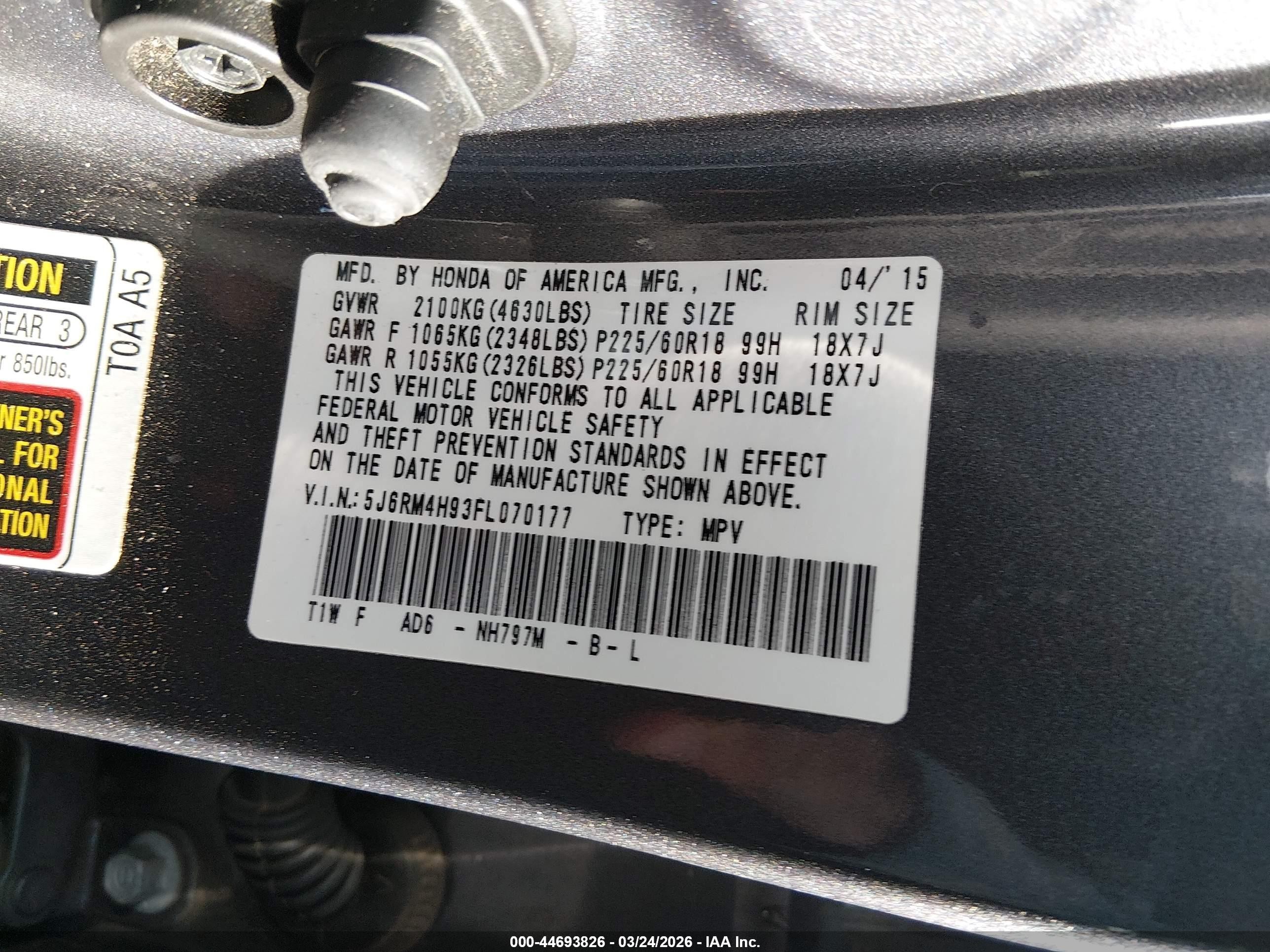 2015 Honda Cr-v Touring Gray vin: 5J6RM4H93FL070177