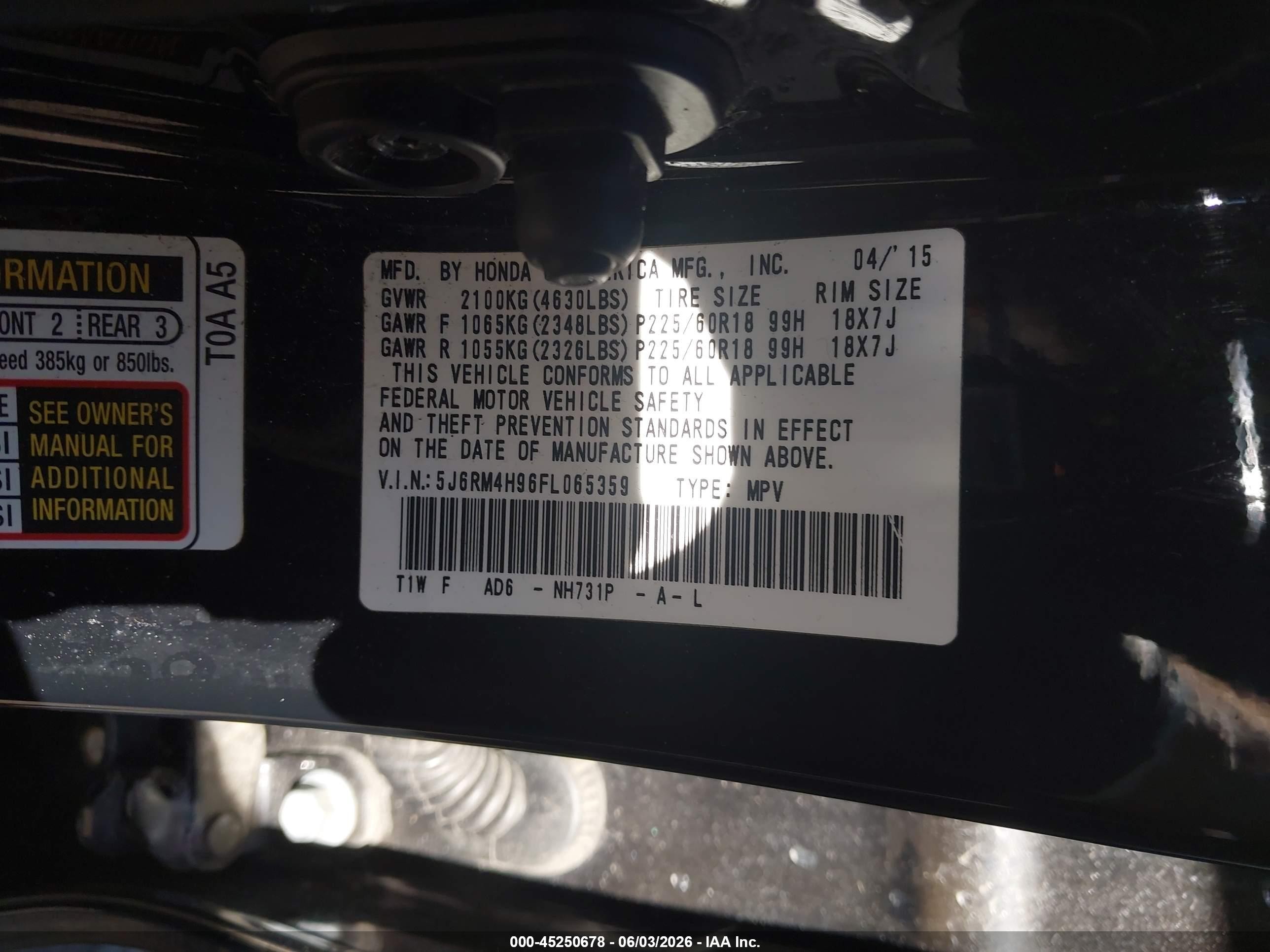 2015 Honda Cr-v Touring Black vin: 5J6RM4H96FL065359