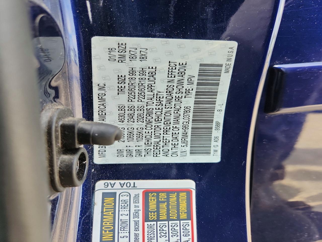 2016 Honda Crv Blue vin: 5J6RM4H96GL037806