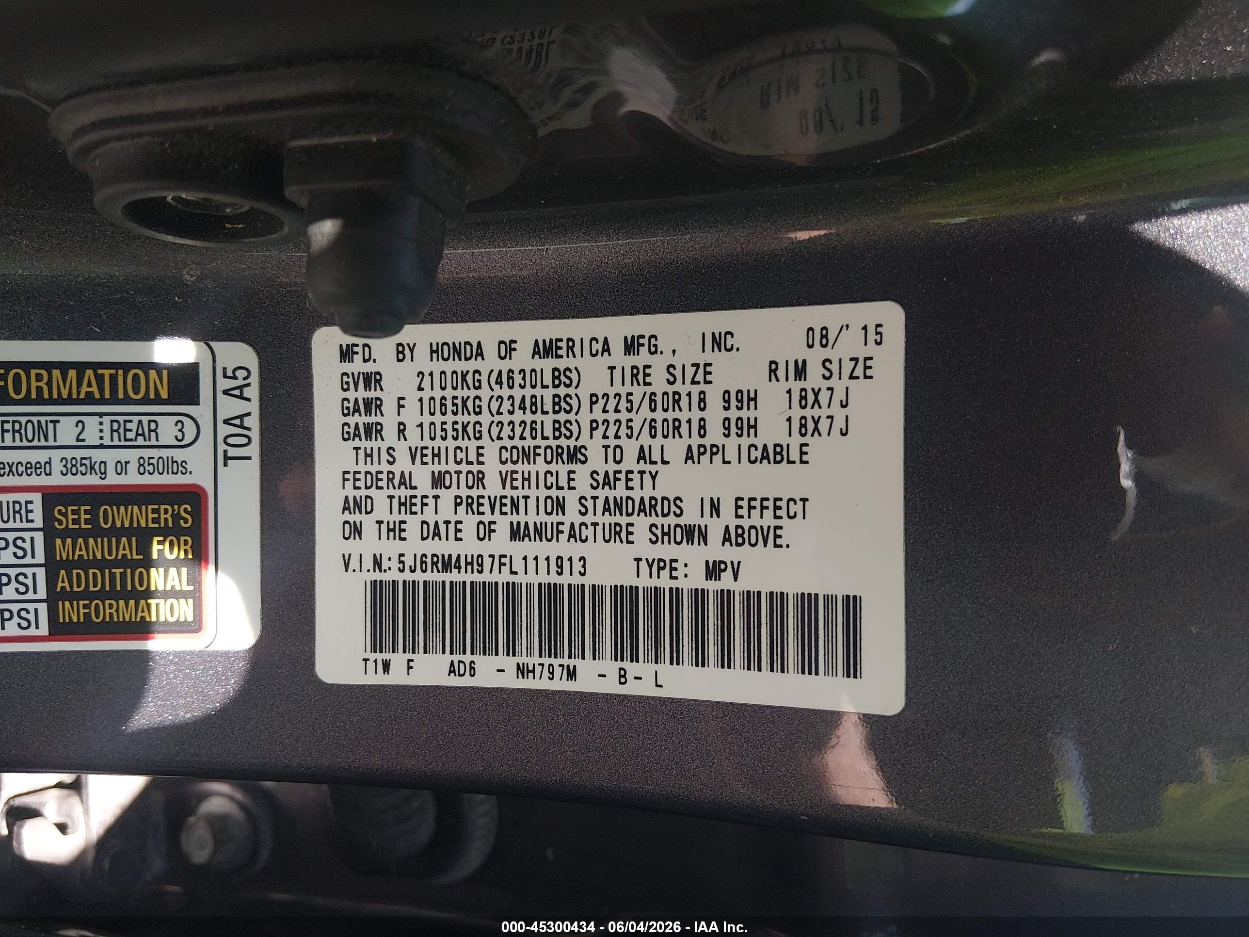2015 Honda Cr-v Touring Серый vin: 5J6RM4H97FL111913