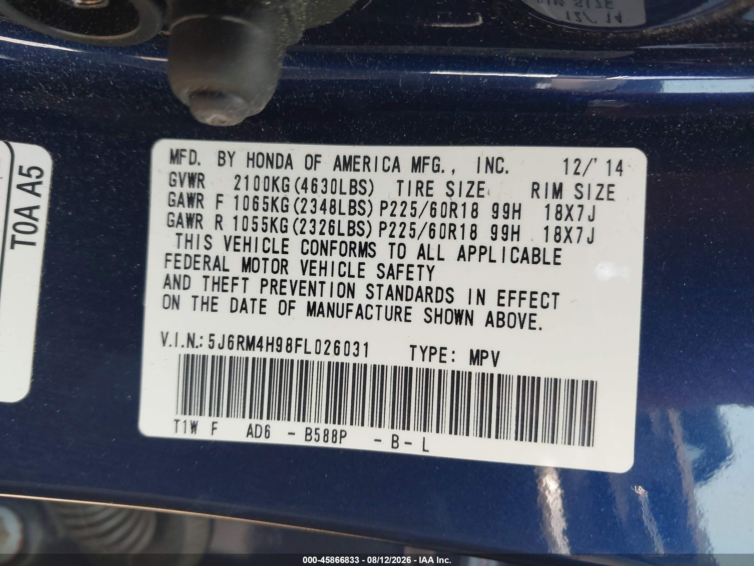 2015 Honda Cr-v Touring Blue vin: 5J6RM4H98FL026031