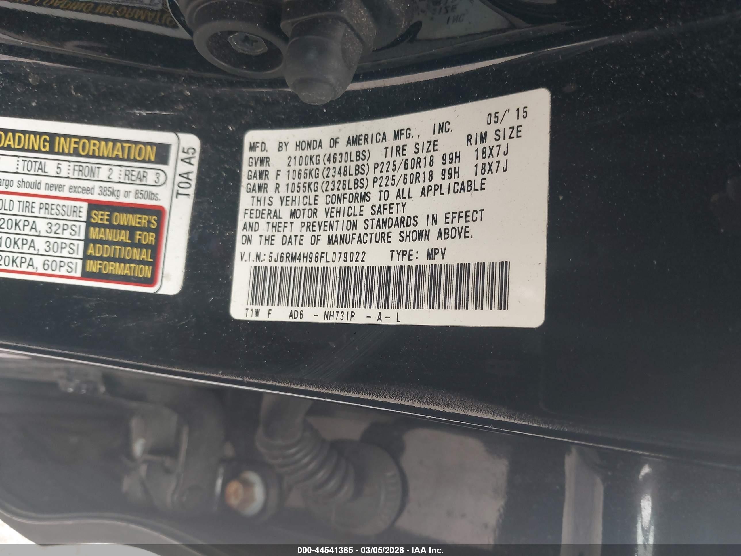 2015 Honda Cr-v Touring Black vin: 5J6RM4H98FL079022