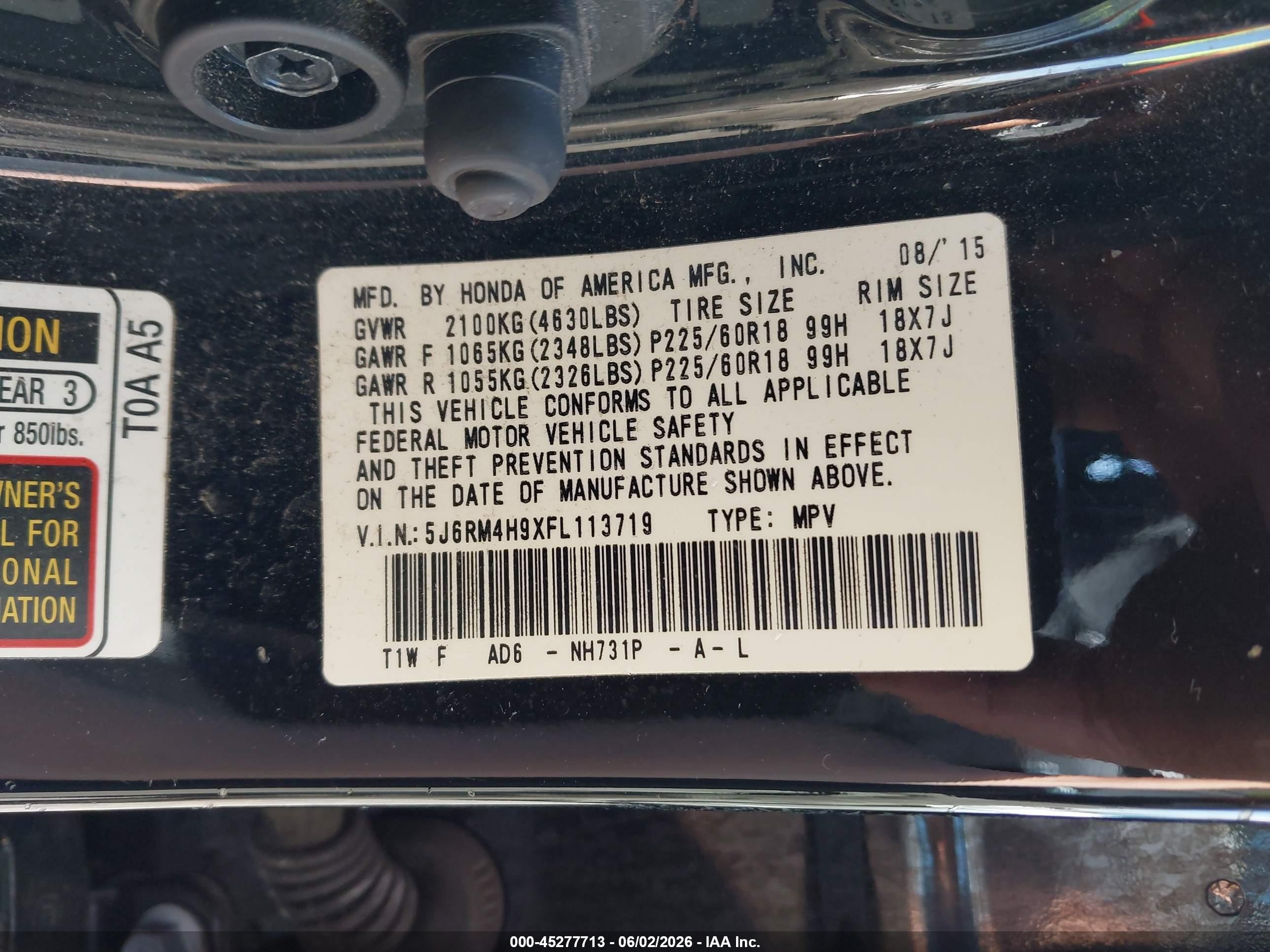 2015 Honda Cr-v Touring Black vin: 5J6RM4H9XFL113719
