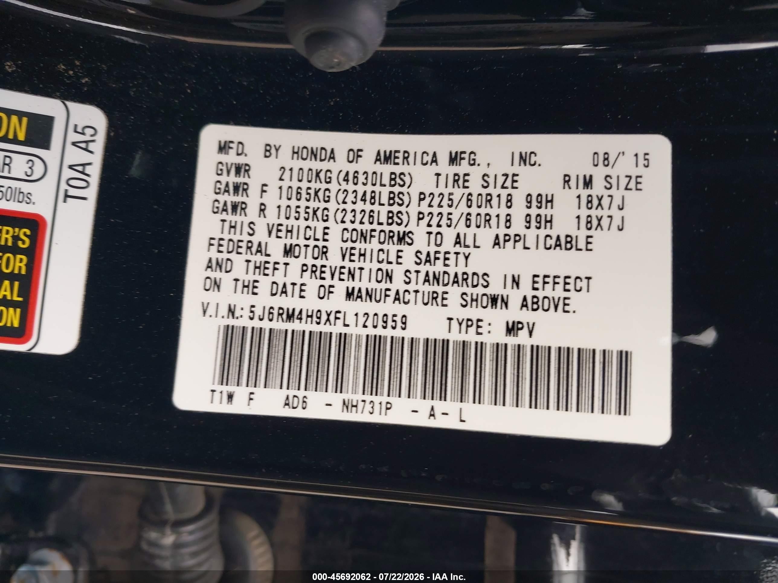 2015 Honda Cr-v Touring Черный vin: 5J6RM4H9XFL120959