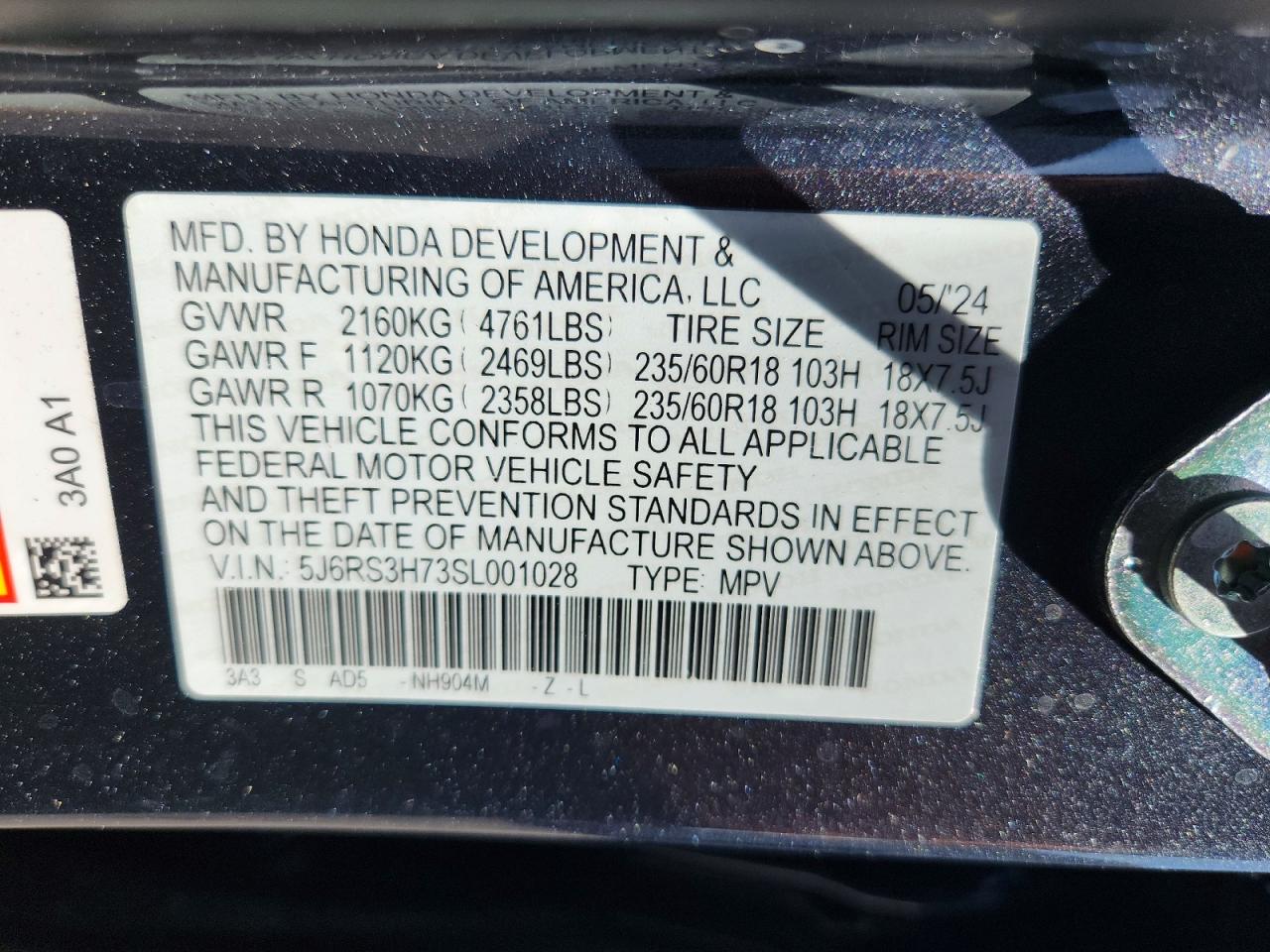 2025 Honda Crv Blue vin: 5J6RS3H73SL001028
