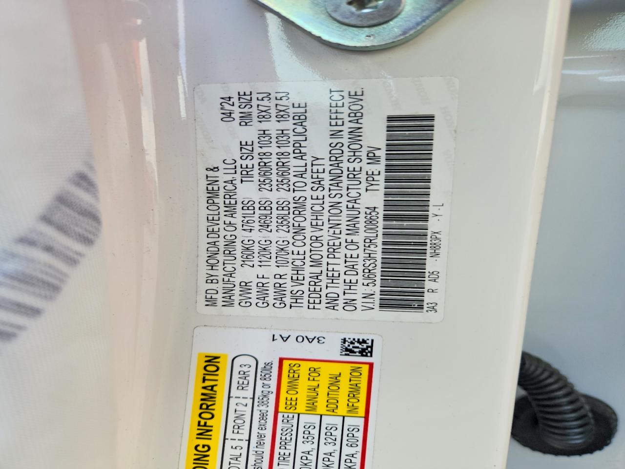 2024 Honda Cr-v Exl White vin: 5J6RS3H75RL008654