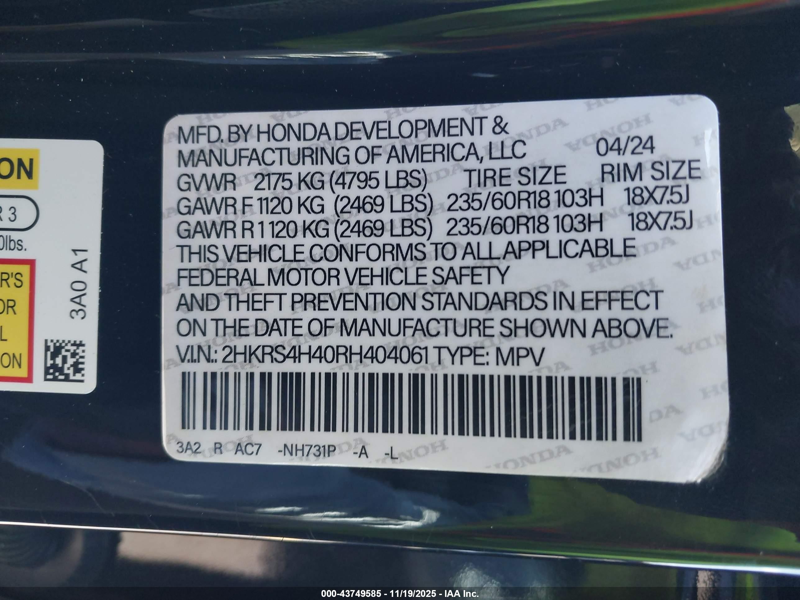 2024 Honda Cr-v Ex Awd Black vin: 5J6RS4H47RL016041
