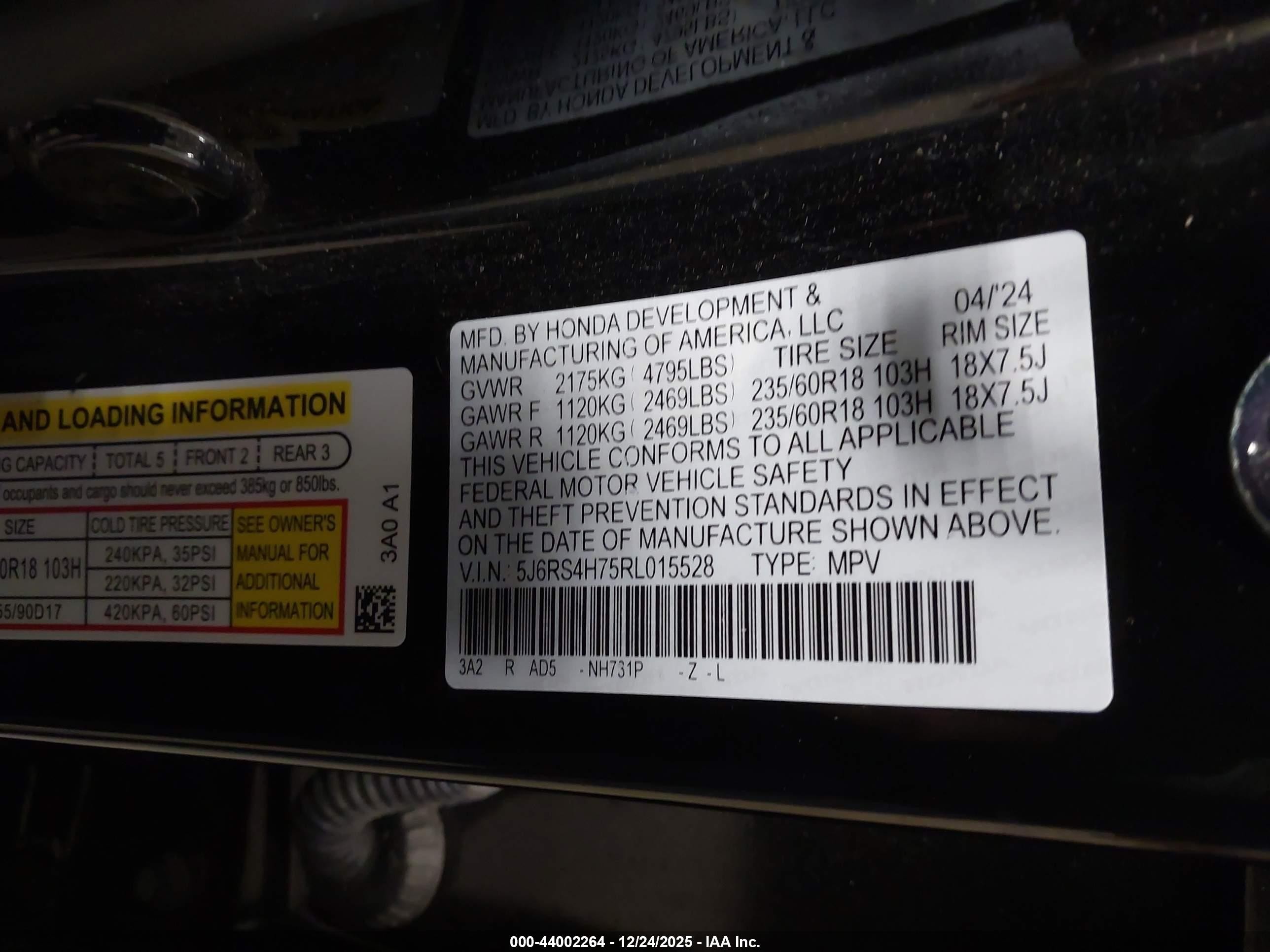 2024 Honda Cr-v Ex-l Awd Black vin: 5J6RS4H75RL015528