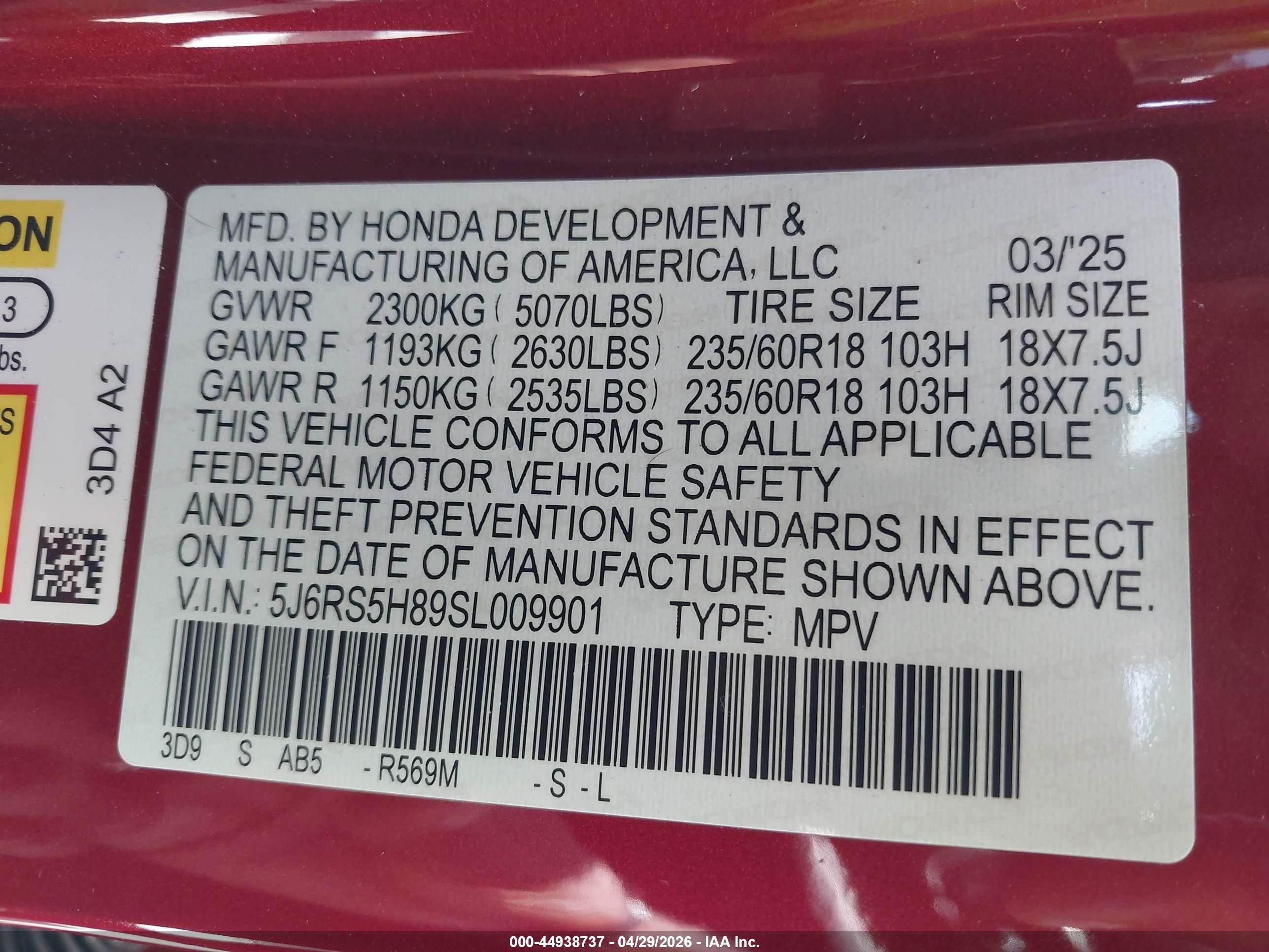 2025 Honda Cr-v Hybrid Sport-l Red vin: 5J6RS5H89SL009901