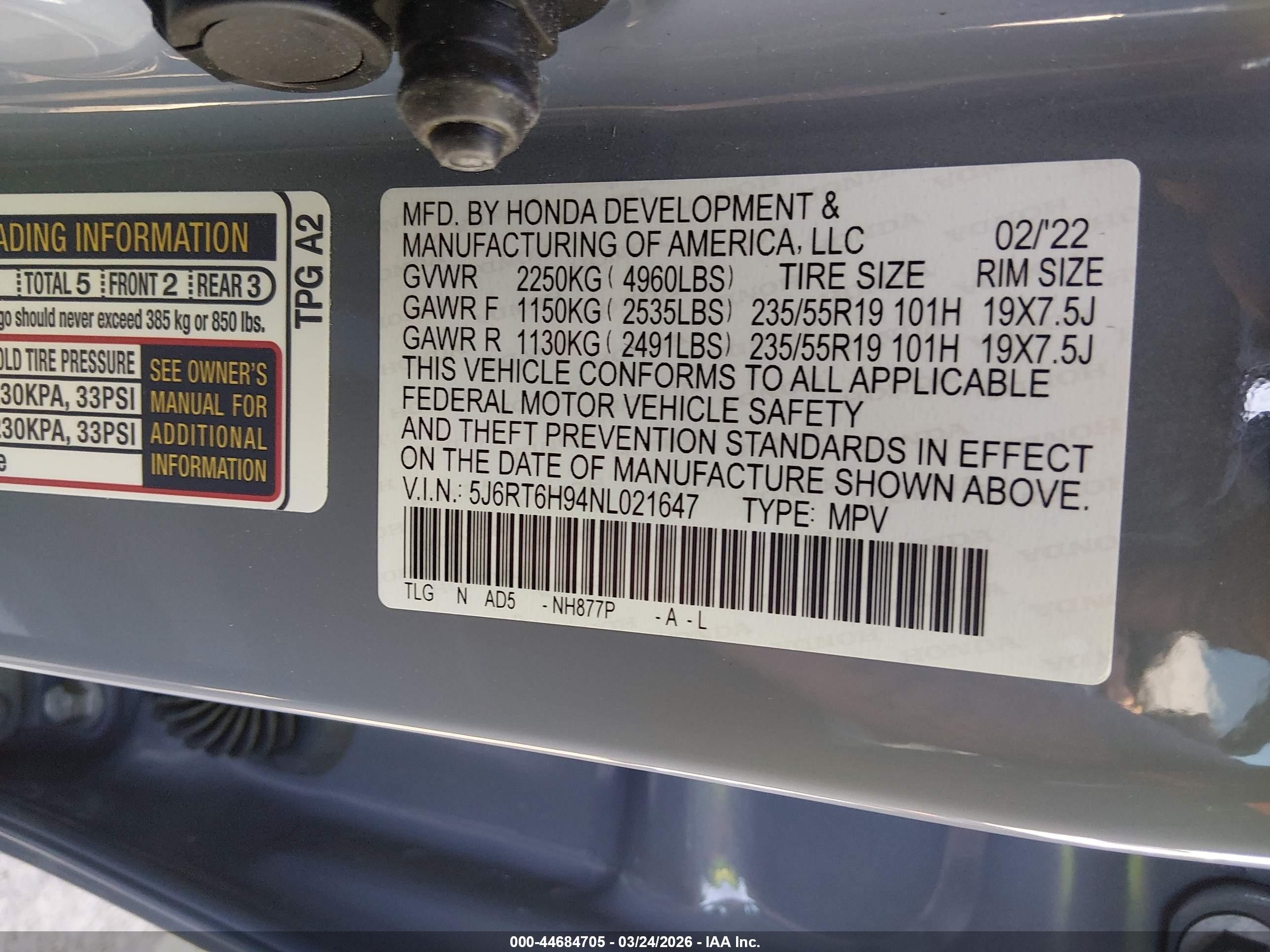 2022 Honda Cr-v Hybrid Touring Light Blue vin: 5J6RT6H94NL021647