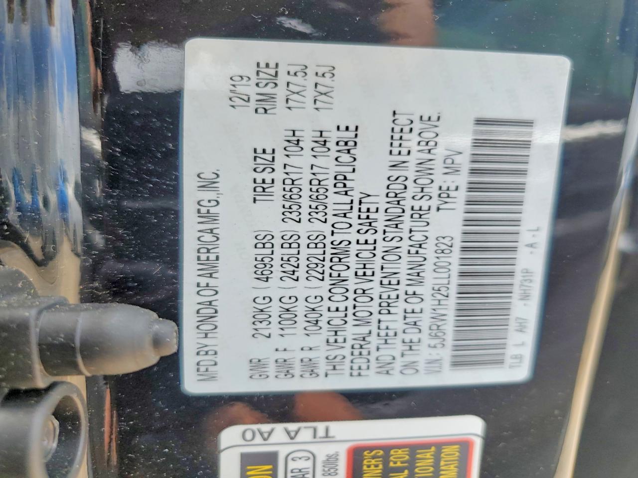 2020 Honda Cr-v Lx Black vin: 5J6RW1H25LL001823
