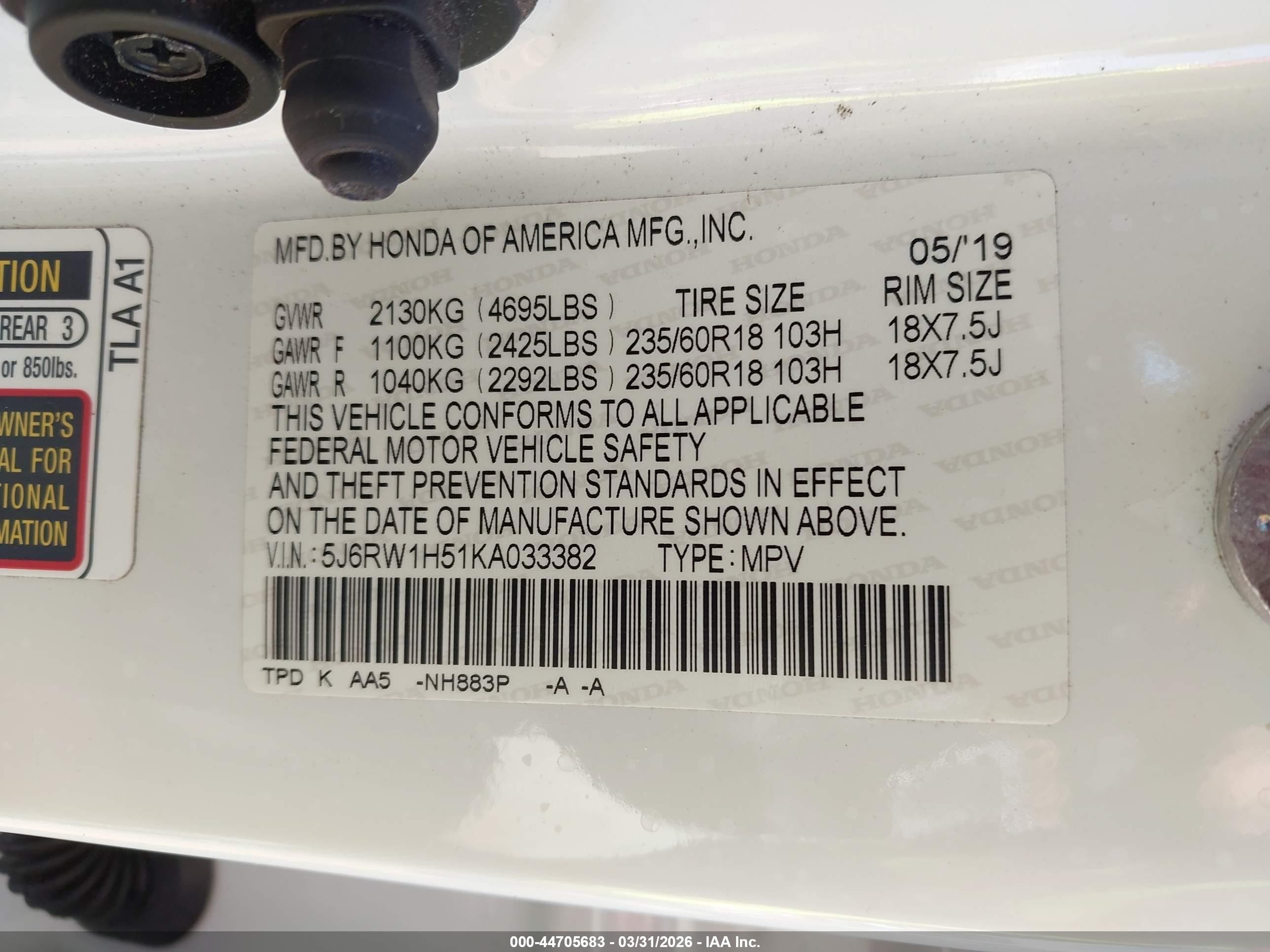 2019 Honda Cr-v Ex White vin: 5J6RW1H51KA033382